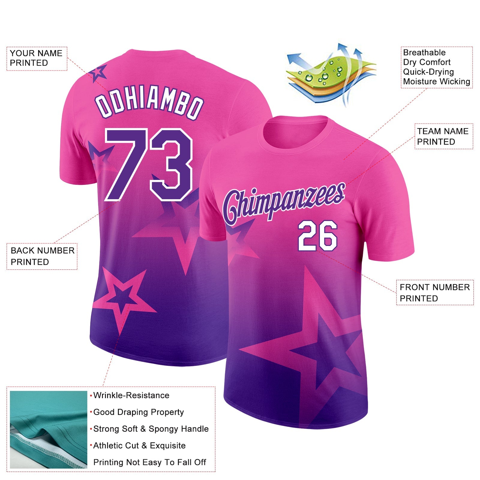 Custom Pink Purple-White 3D Pattern Design Gradient Style Twinkle Star Performance T-Shirt view 2
