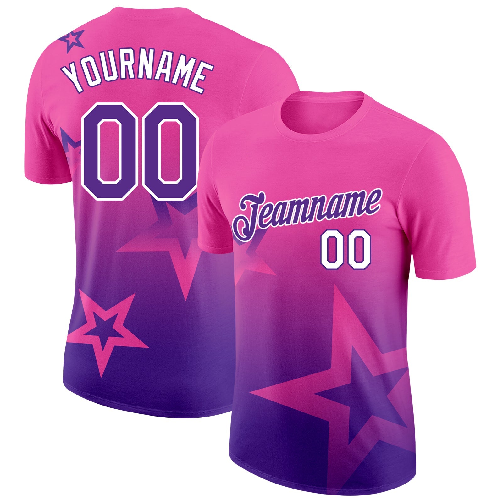 Custom Pink Purple-White 3D Pattern Design Gradient Style Twinkle Star Performance T-Shirt - Main View