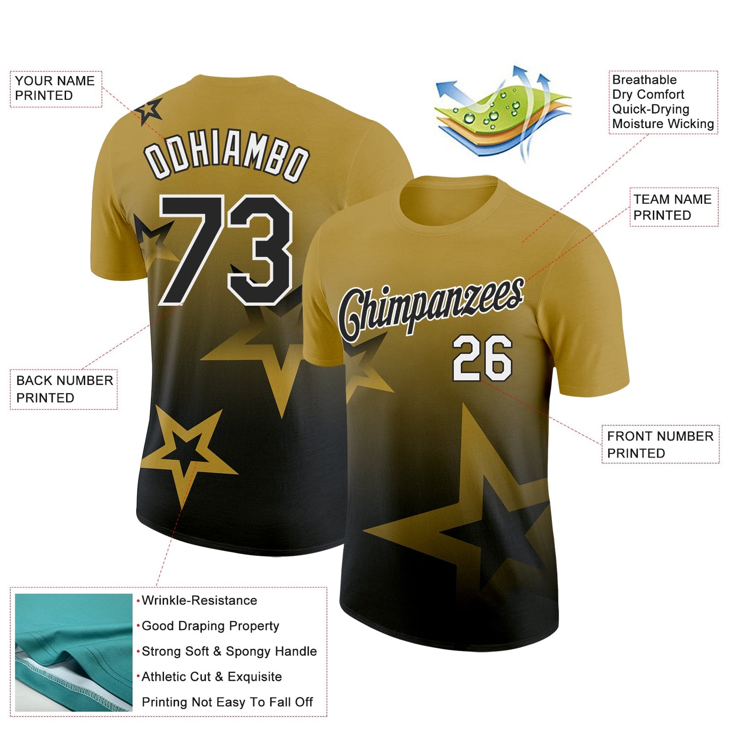 Custom Old Gold Black-White 3D Pattern Design Gradient Style Twinkle Star Performance T-Shirt view 2
