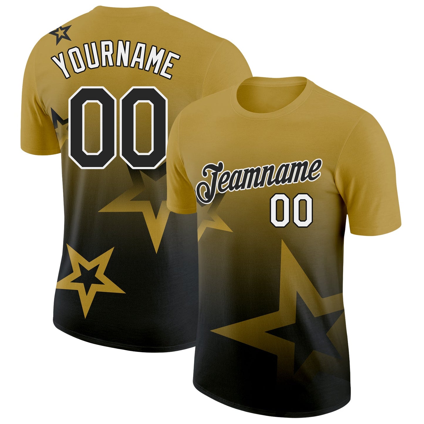 Custom Old Gold Black-White 3D Pattern Design Gradient Style Twinkle Star Performance T-Shirt - Main View