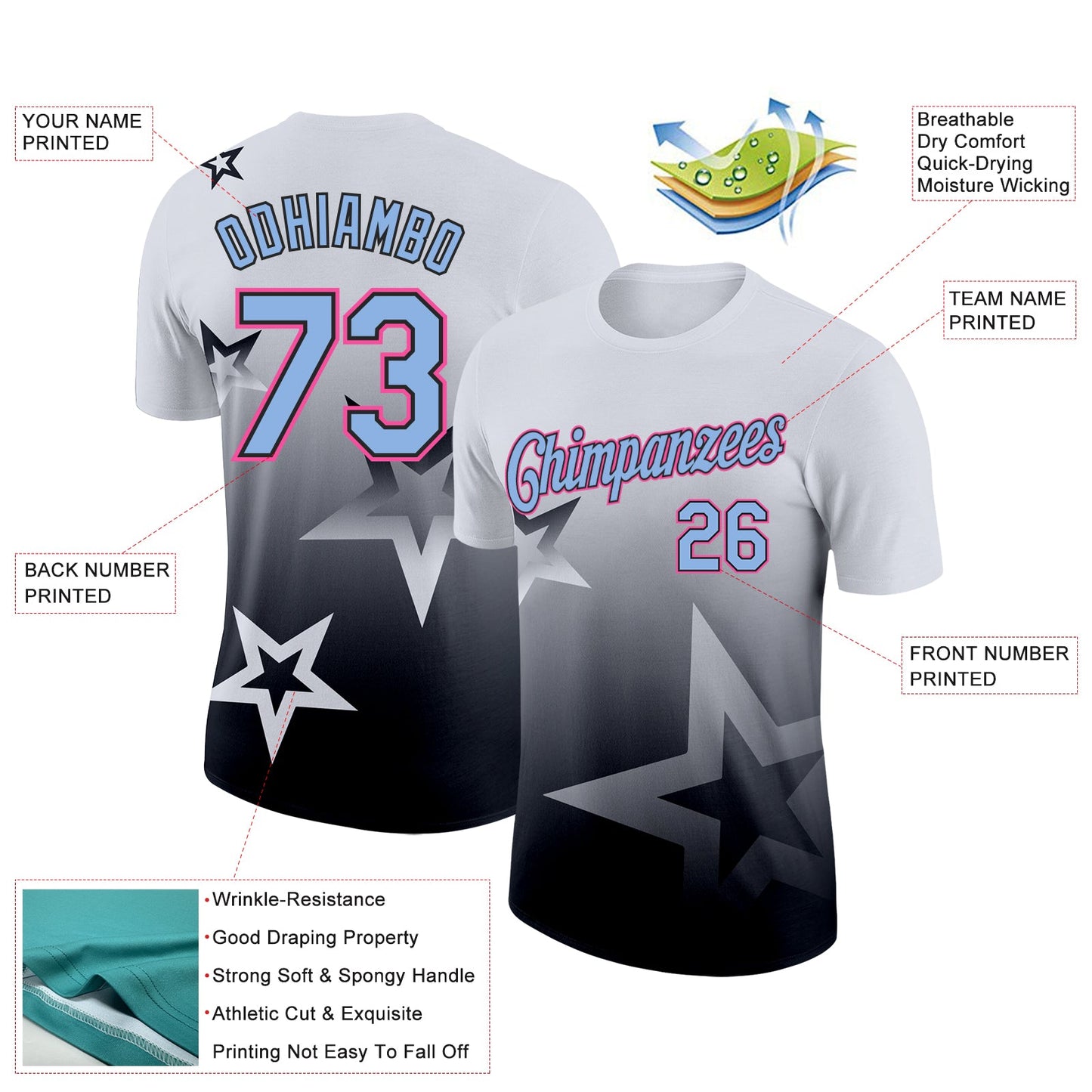 Custom White Light Blue Black-Pink 3D Pattern Design Gradient Style Twinkle Star Performance T-Shirt view 2
