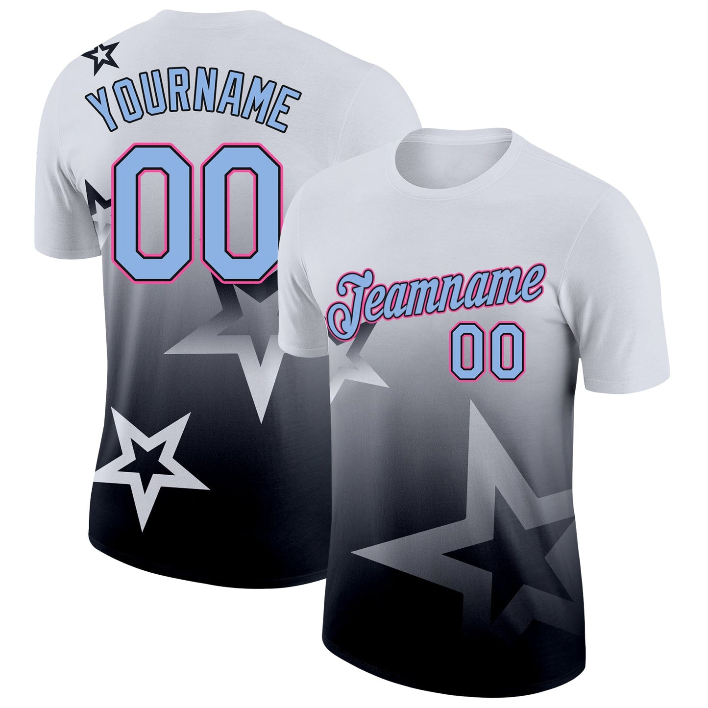 Custom White Light Blue Black-Pink 3D Pattern Design Gradient Style Twinkle Star Performance T-Shirt - Main View
