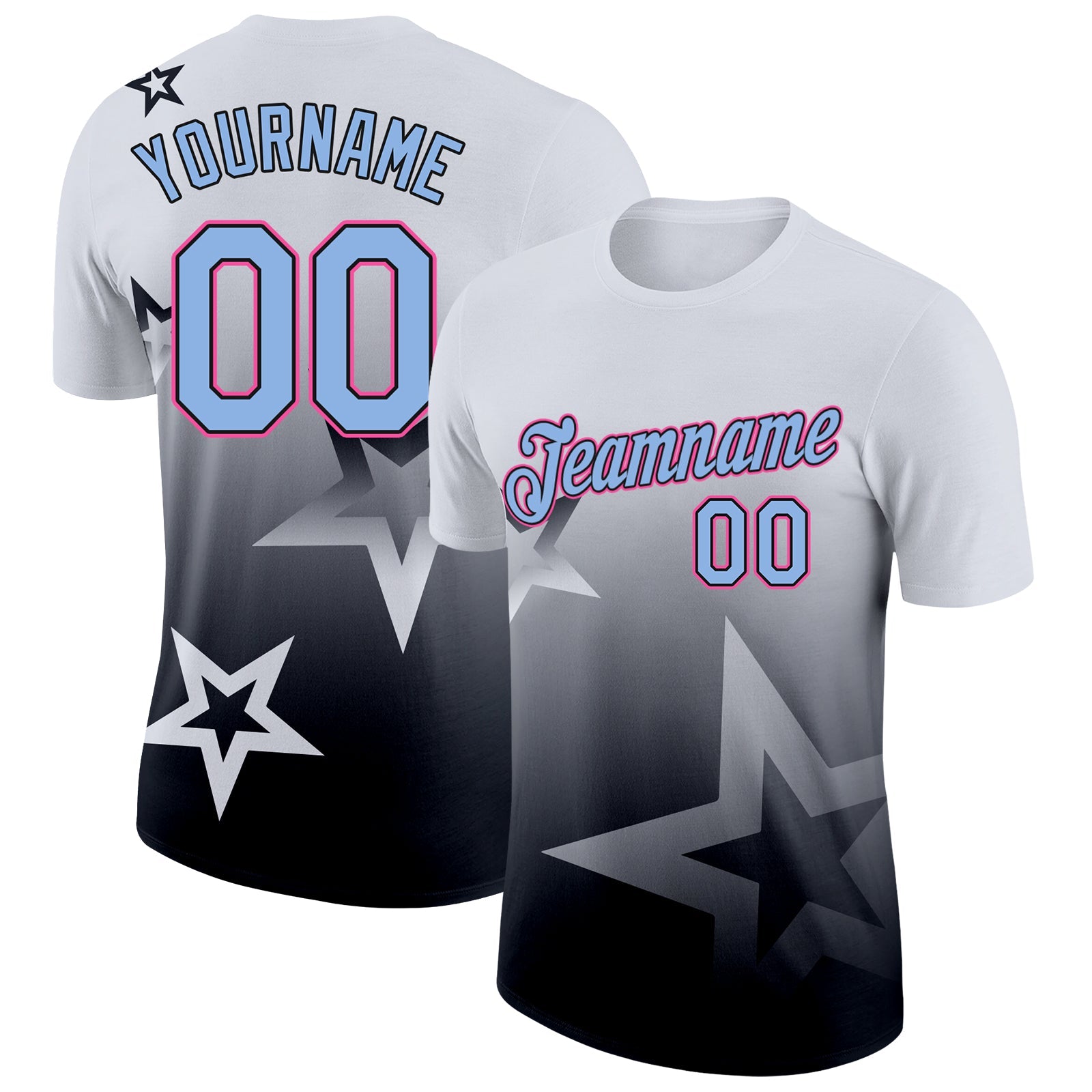 Custom White Light Blue Black-Pink 3D Pattern Design Gradient Style Twinkle Star Performance T-Shirt - Main View
