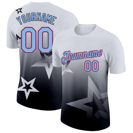 Custom White Light Blue Black-Pink 3D Pattern Design Gradient Style Twinkle Star Performance T-Shirt - Main View