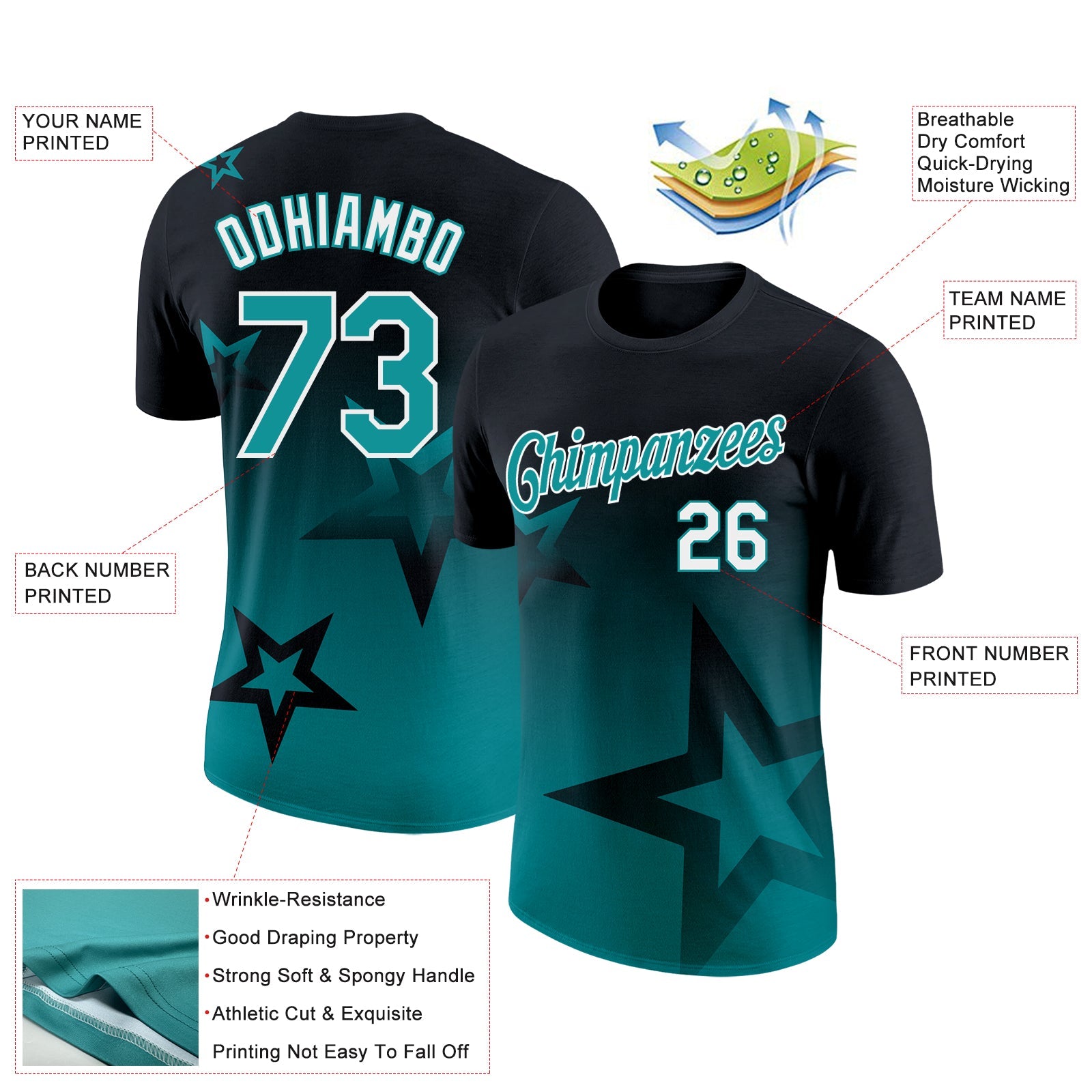 Custom Black Teal-White 3D Pattern Design Gradient Style Twinkle Star Performance T-Shirt view 2