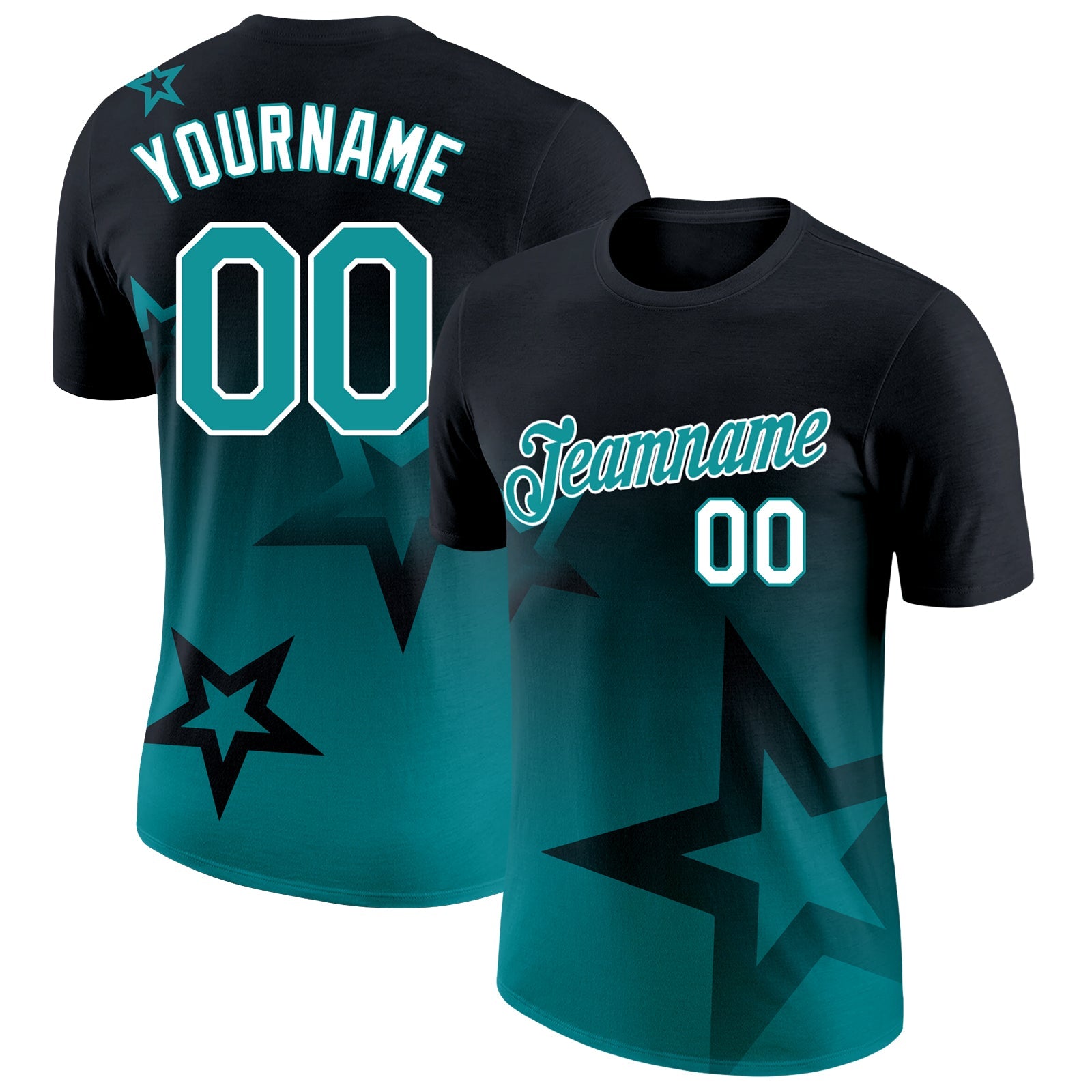 Custom Black Teal-White 3D Pattern Design Gradient Style Twinkle Star Performance T-Shirt - Main View
