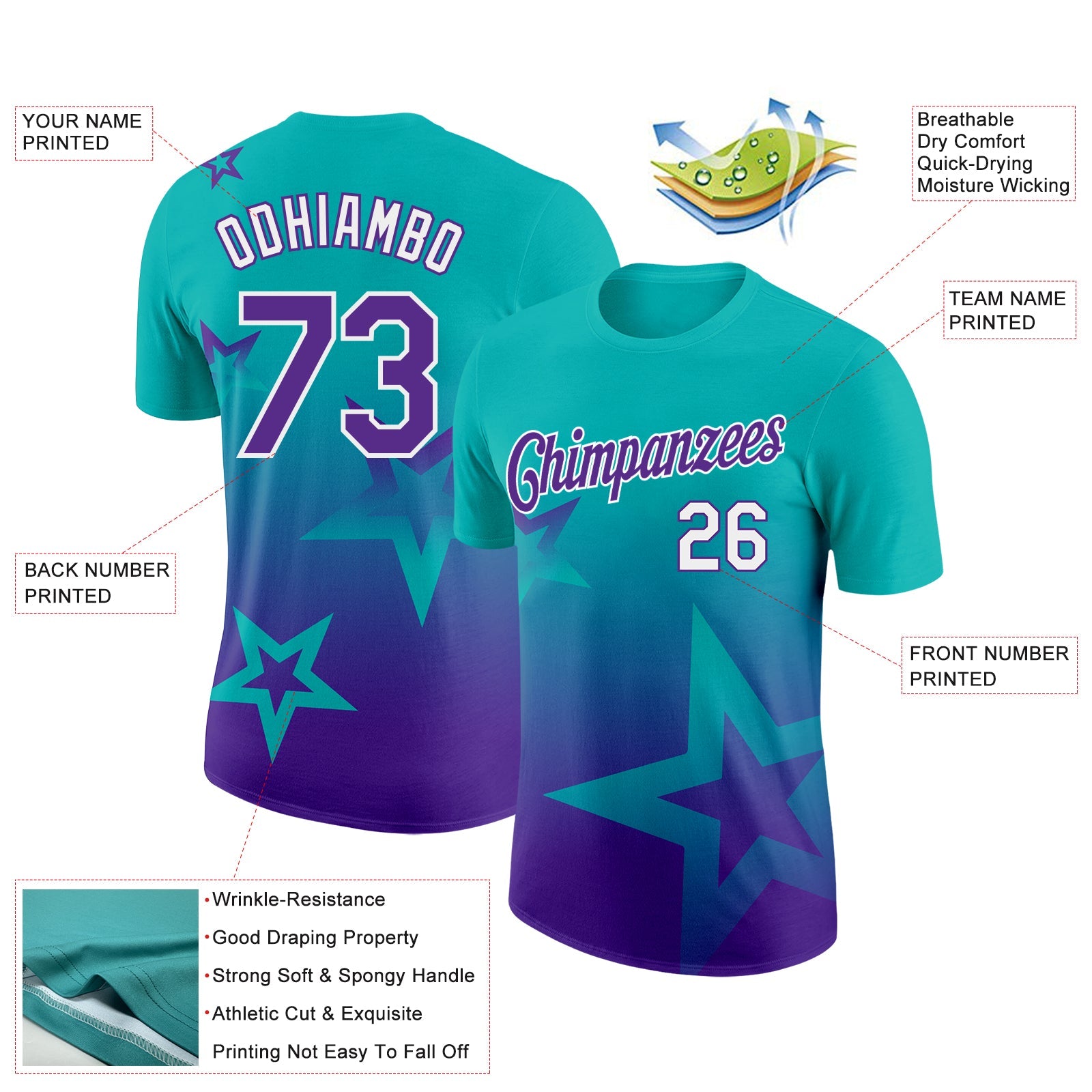 Custom Aqua Purple-White 3D Pattern Design Gradient Style Twinkle Star Performance T-Shirt view 2