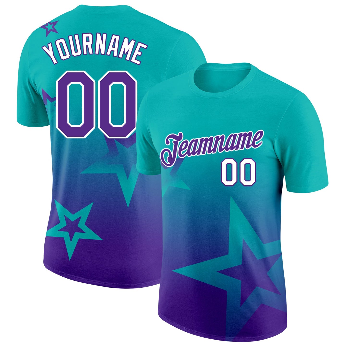 Custom Aqua Purple-White 3D Pattern Design Gradient Style Twinkle Star Performance T-Shirt - Main View