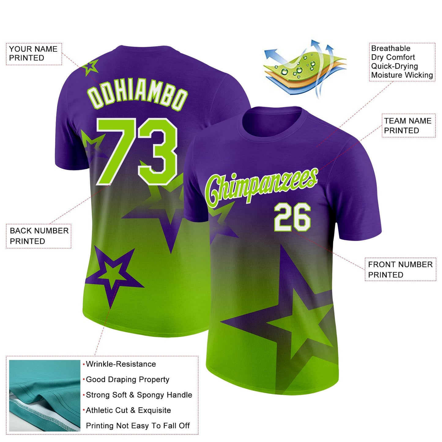 Custom Purple Neon Green-White 3D Pattern Design Gradient Style Twinkle Star Performance T-Shirt view 2