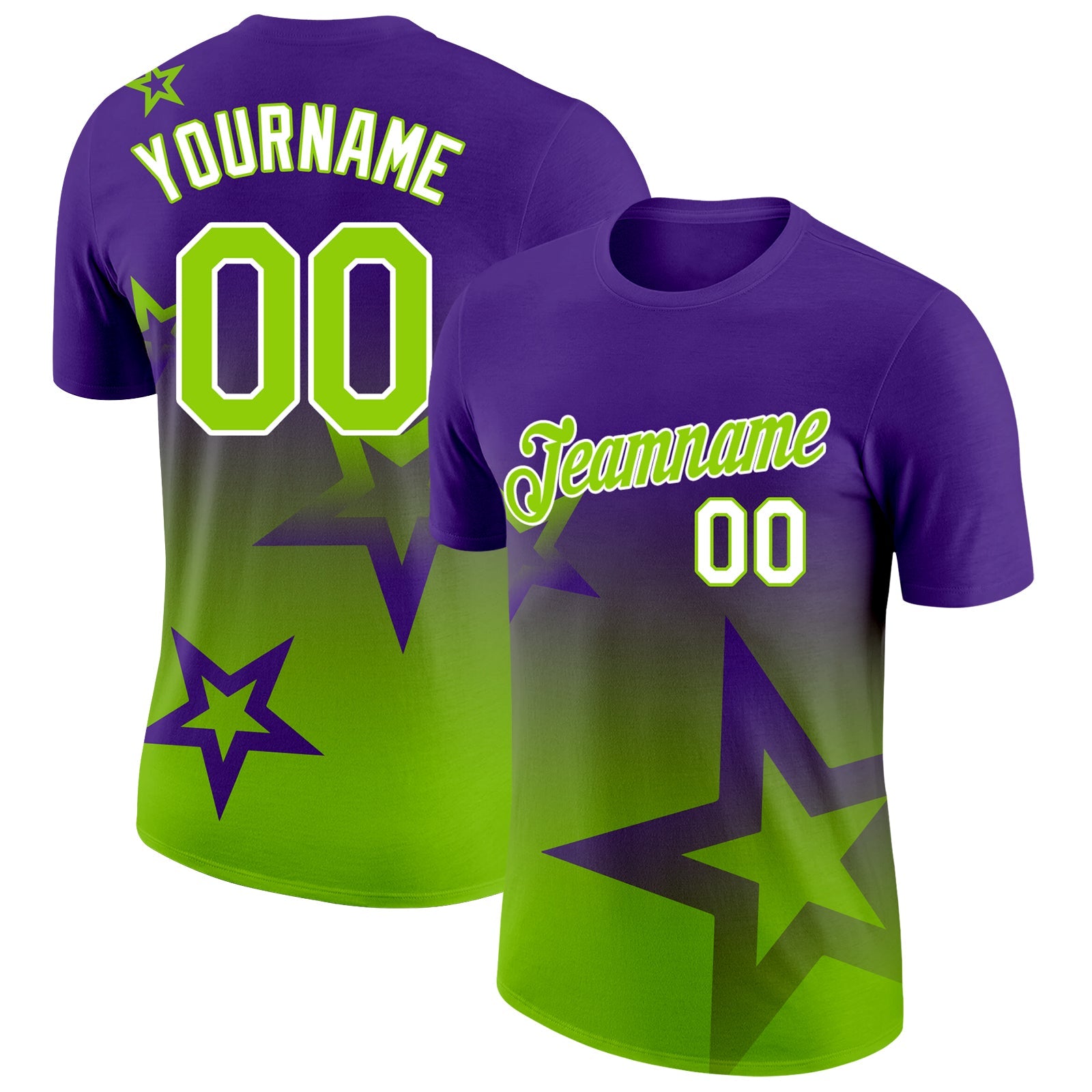 Custom Purple Neon Green-White 3D Pattern Design Gradient Style Twinkle Star Performance T-Shirt - Main View
