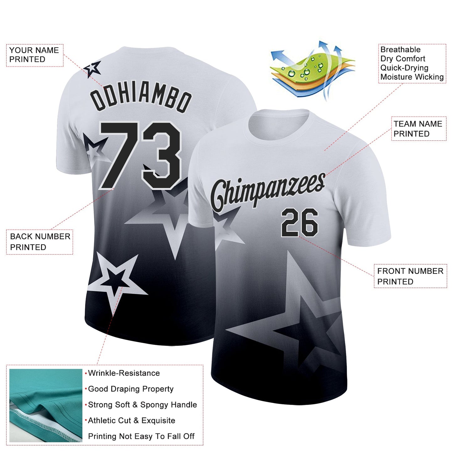Custom White Black 3D Pattern Design Gradient Style Twinkle Star Performance T-Shirt view 2