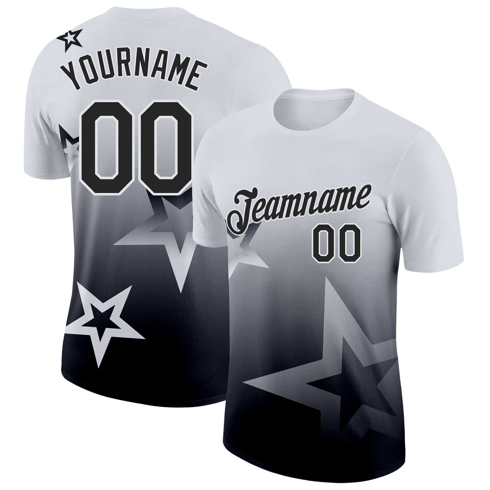 Custom White Black 3D Pattern Design Gradient Style Twinkle Star Performance T-Shirt - Main View