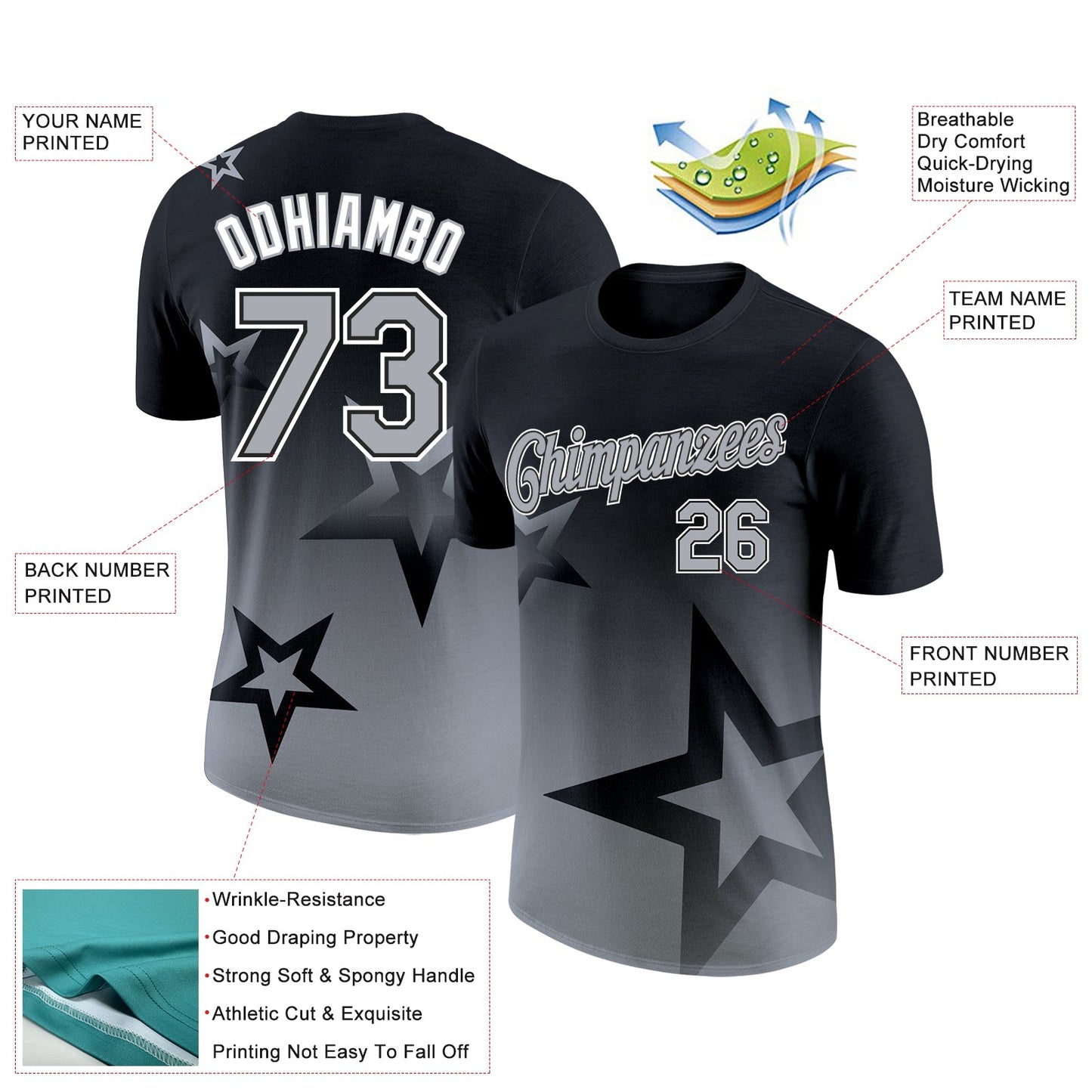 Custom Black Gray-White 3D Pattern Design Gradient Style Twinkle Star Performance T-Shirt view 2