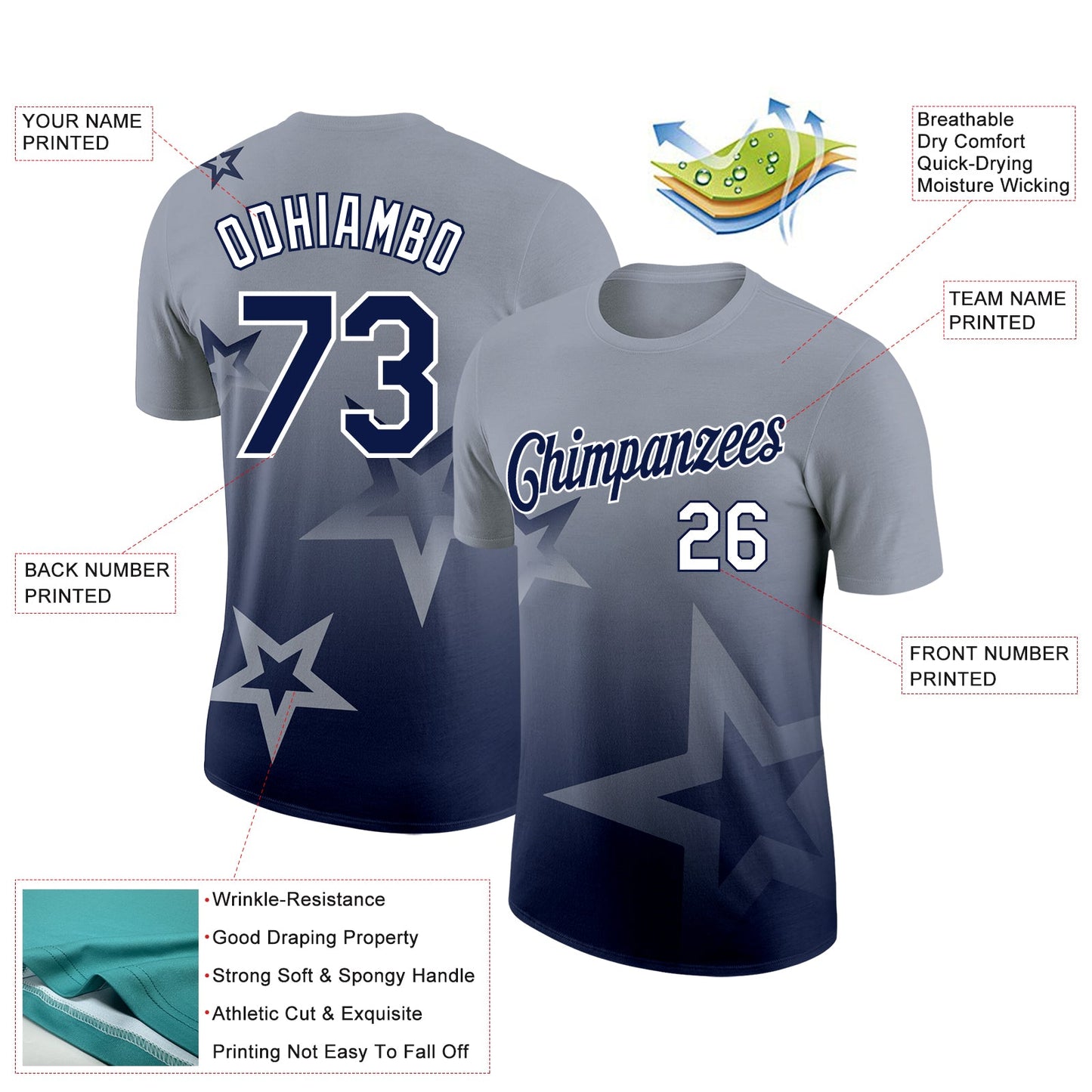 Custom Gray Navy-White 3D Pattern Design Gradient Style Twinkle Star Performance T-Shirt view 2