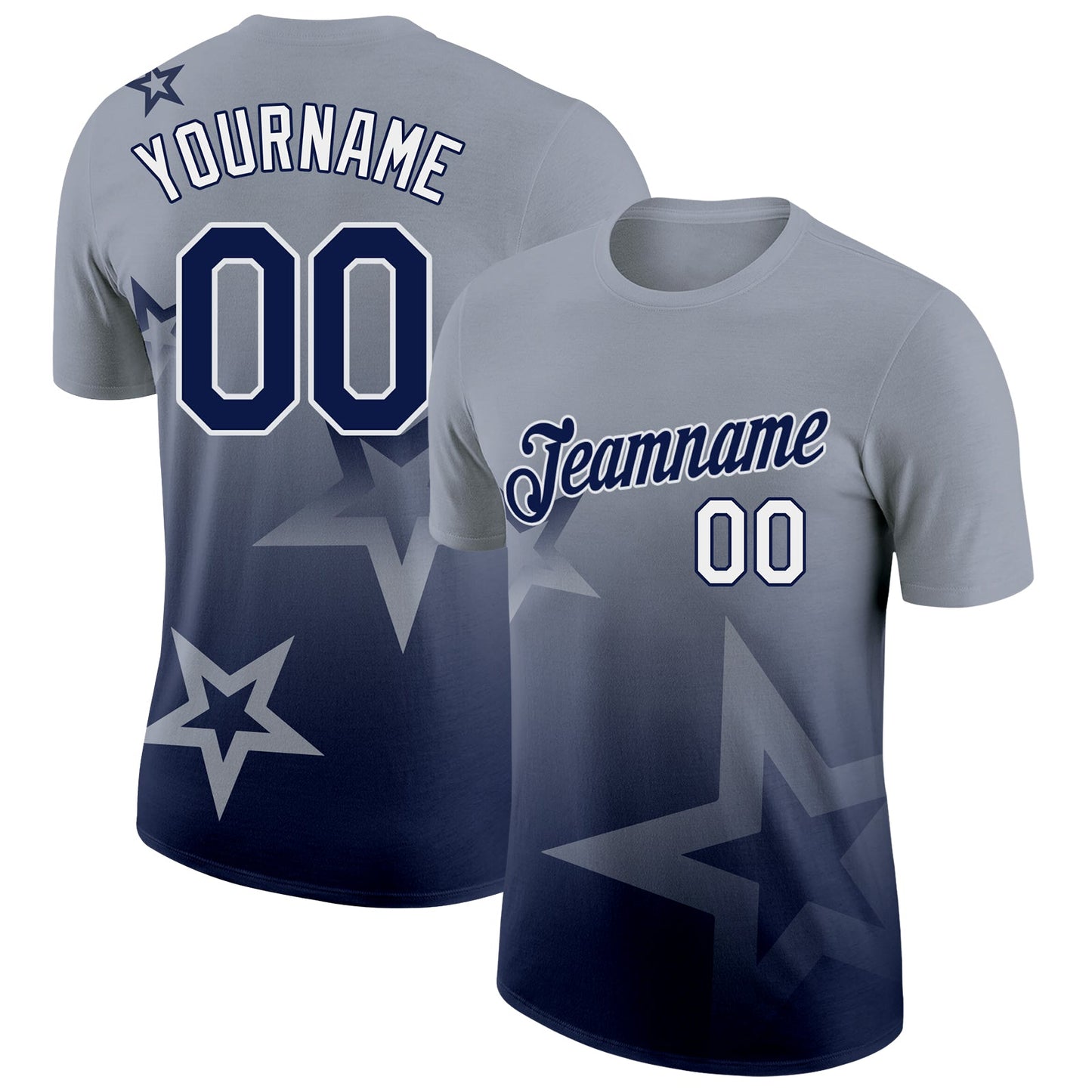 Custom Gray Navy-White 3D Pattern Design Gradient Style Twinkle Star Performance T-Shirt - Main View