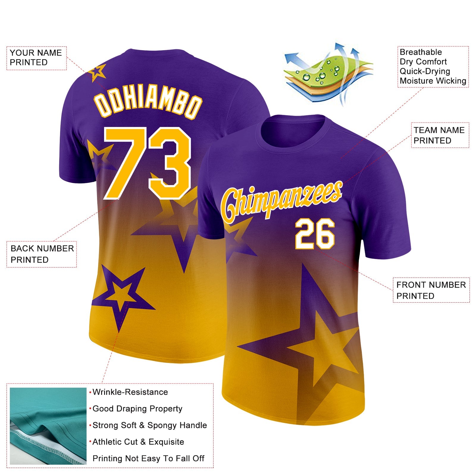 Custom Purple Gold-White 3D Pattern Design Gradient Style Twinkle Star Performance T-Shirt view 2