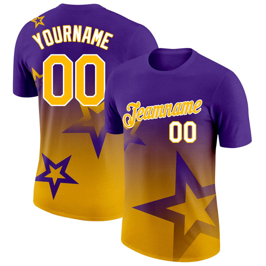 Custom Purple Gold-White 3D Pattern Design Gradient Style Twinkle Star Performance T-Shirt - Main View