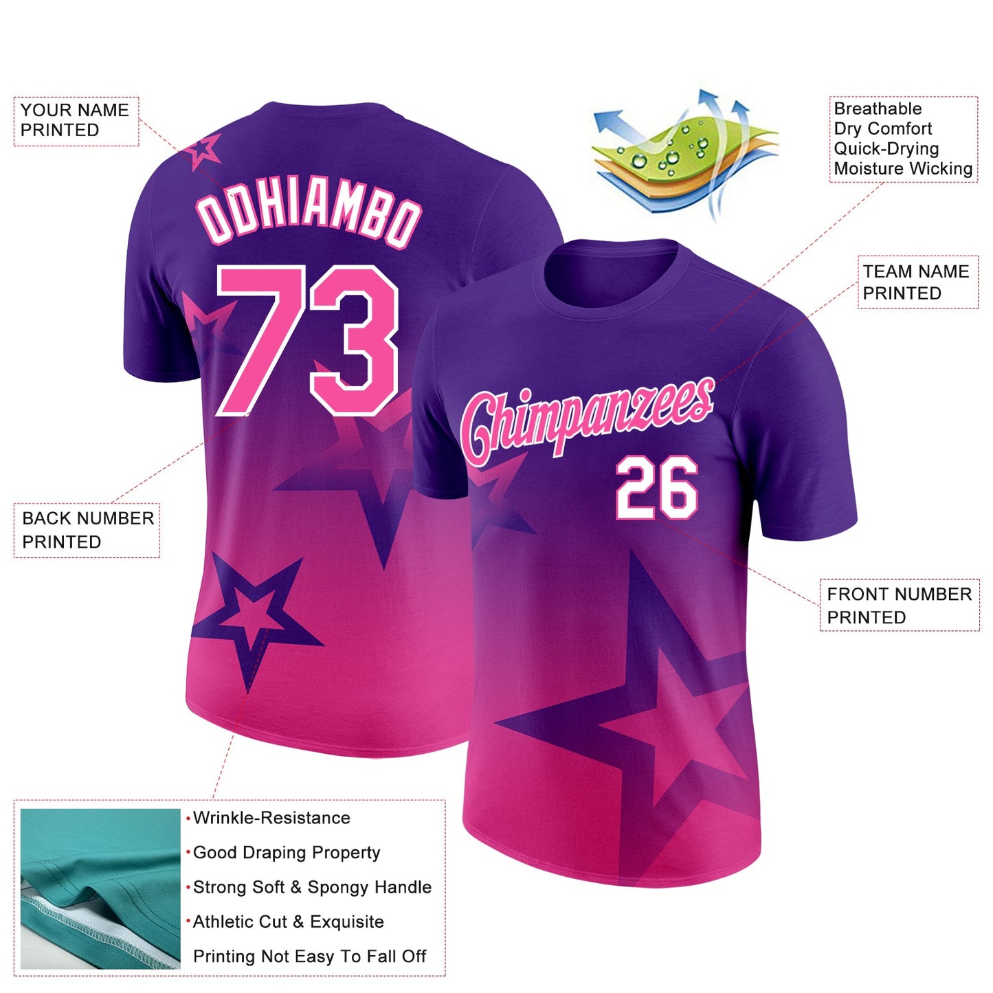 Custom Purple Pink-White 3D Pattern Design Gradient Style Twinkle Star Performance T-Shirt view 2