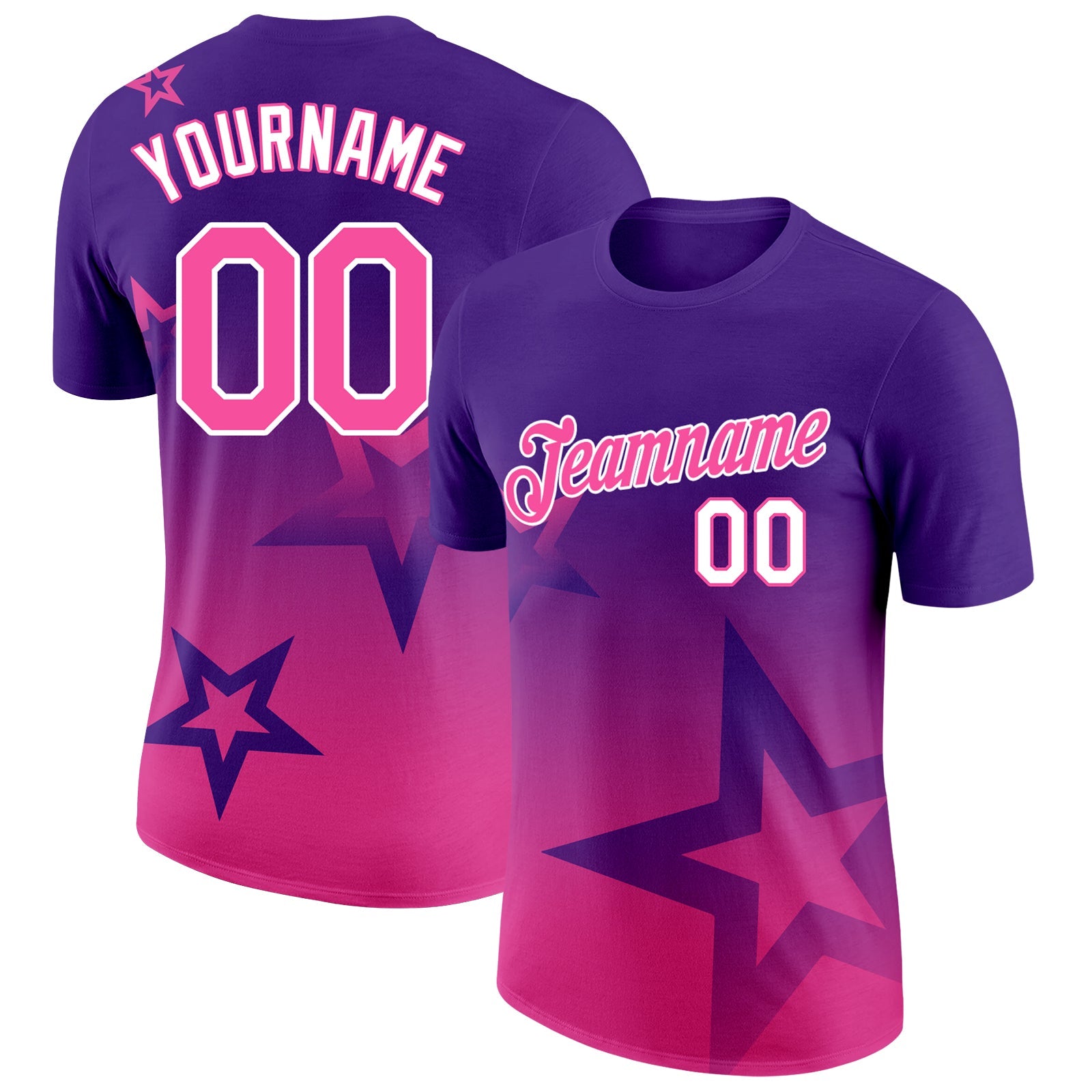 Custom Purple Pink-White 3D Pattern Design Gradient Style Twinkle Star Performance T-Shirt - Main View