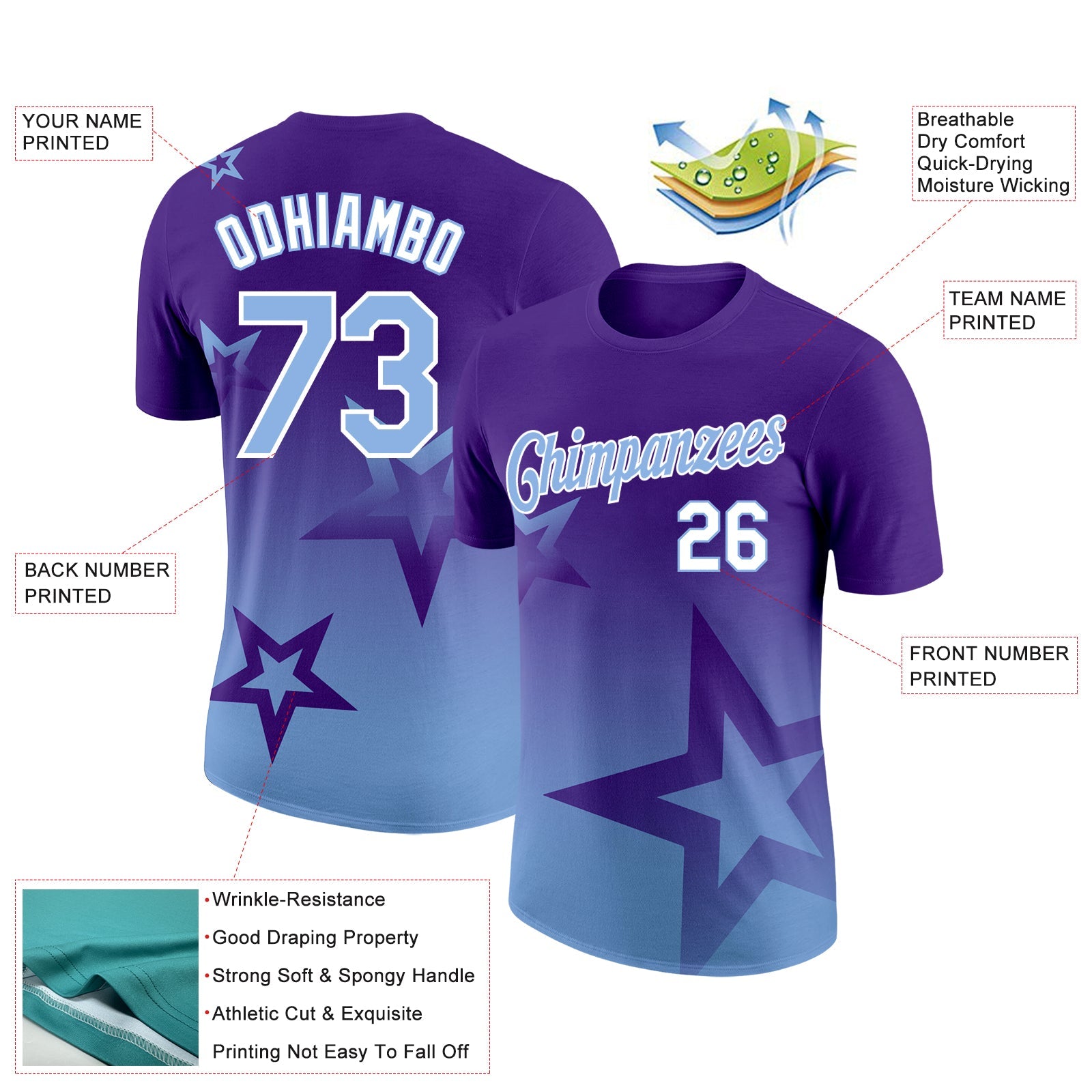 Custom Purple Light Blue-White 3D Pattern Design Gradient Style Twinkle Star Performance T-Shirt view 2