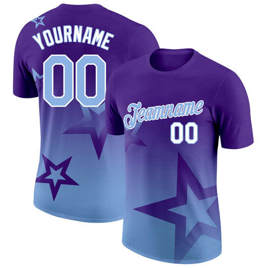 Custom Purple Light Blue-White 3D Pattern Design Gradient Style Twinkle Star Performance T-Shirt - Main View