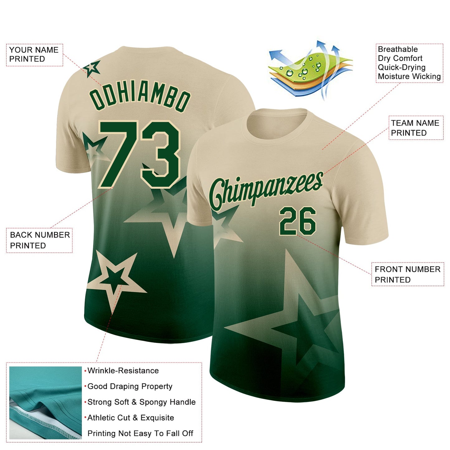 Custom Cream Green 3D Pattern Design Gradient Style Twinkle Star Performance T-Shirt view 2