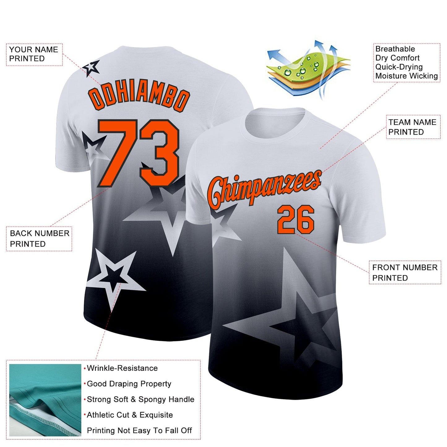 Custom White Orange-Black 3D Pattern Design Gradient Style Twinkle Star Performance T-Shirt view 2
