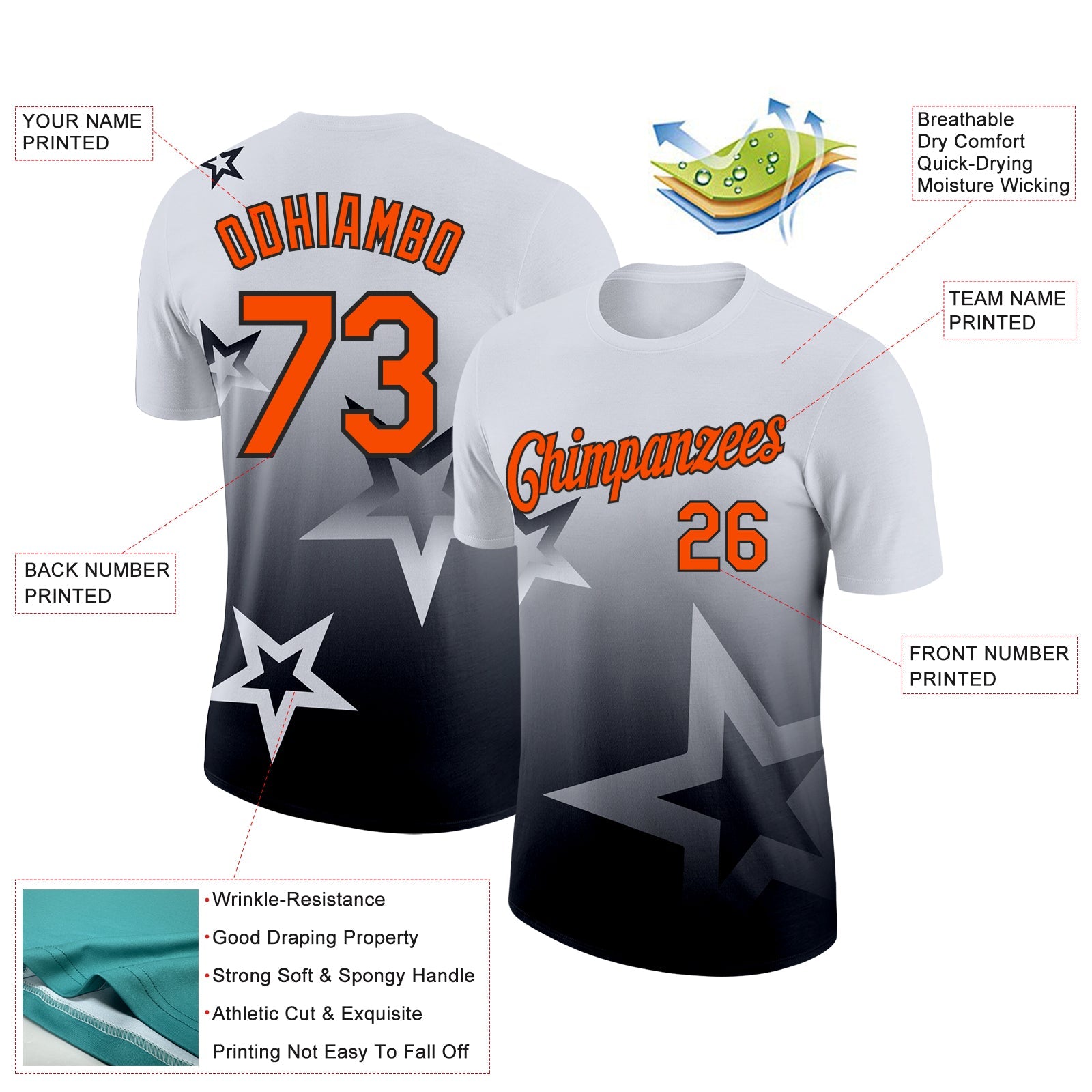 Custom White Orange-Black 3D Pattern Design Gradient Style Twinkle Star Performance T-Shirt view 2