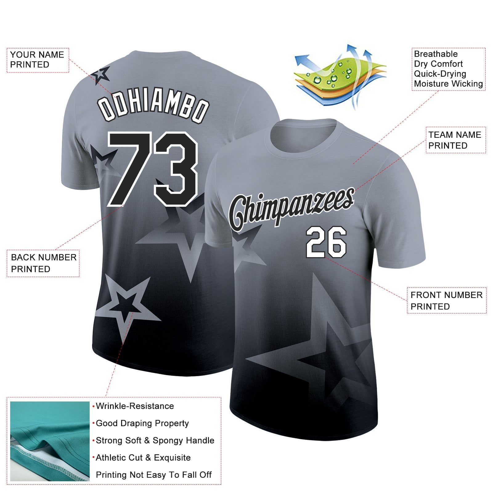 Custom Gray Black-White 3D Pattern Design Gradient Style Twinkle Star Performance T-Shirt view 2