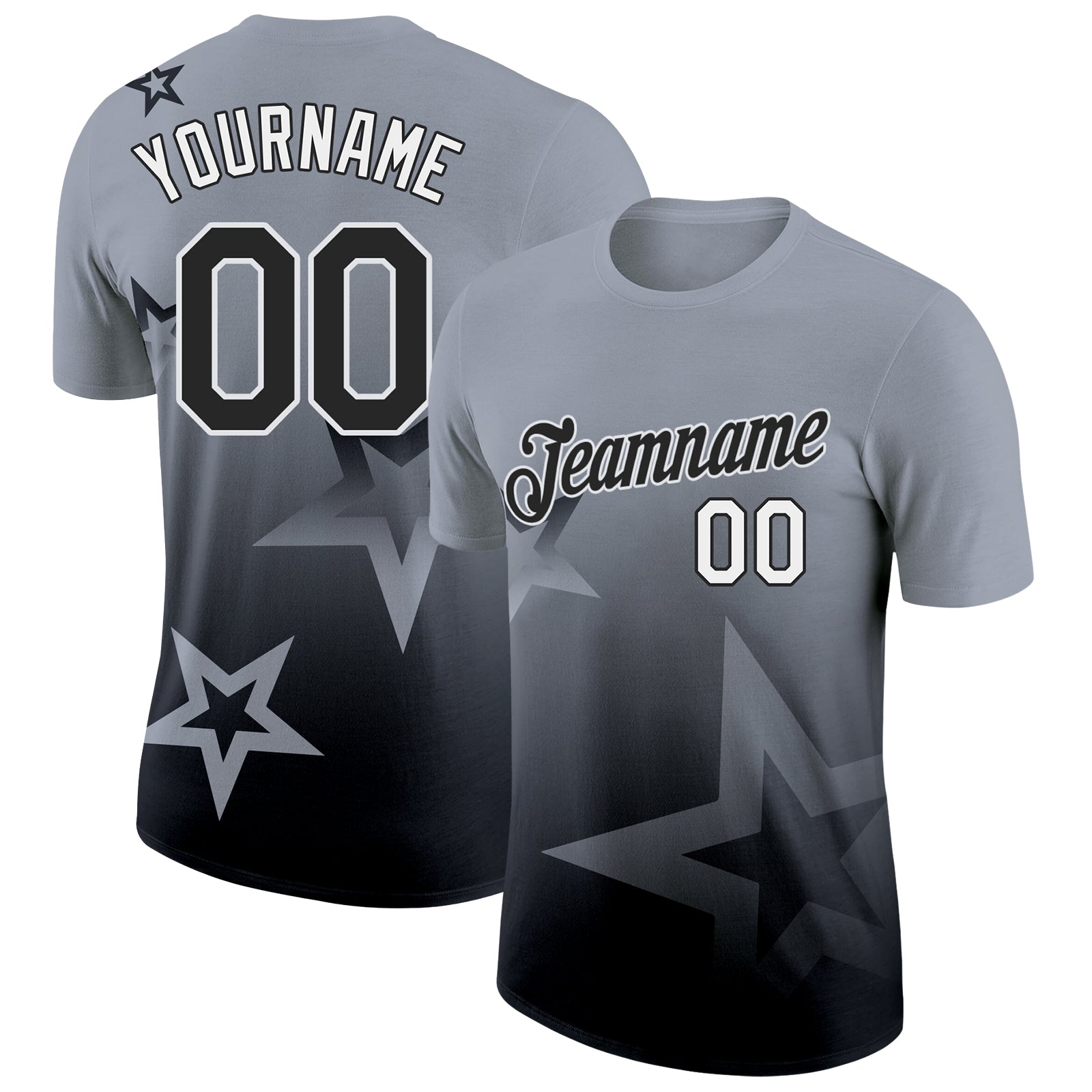 Custom Gray Black-White 3D Pattern Design Gradient Style Twinkle Star Performance T-Shirt - Main View