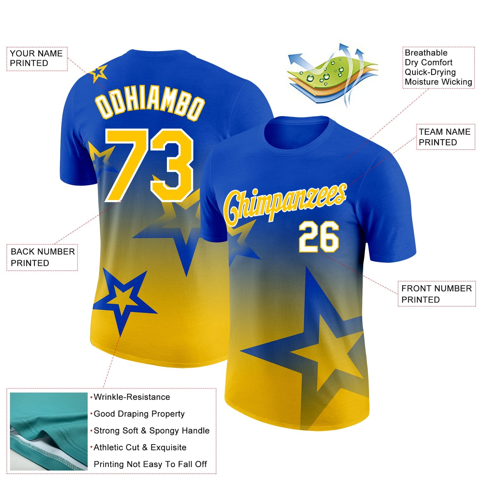 Custom Thunder Blue Yellow-White 3D Pattern Design Gradient Style Twinkle Star Performance T-Shirt view 2