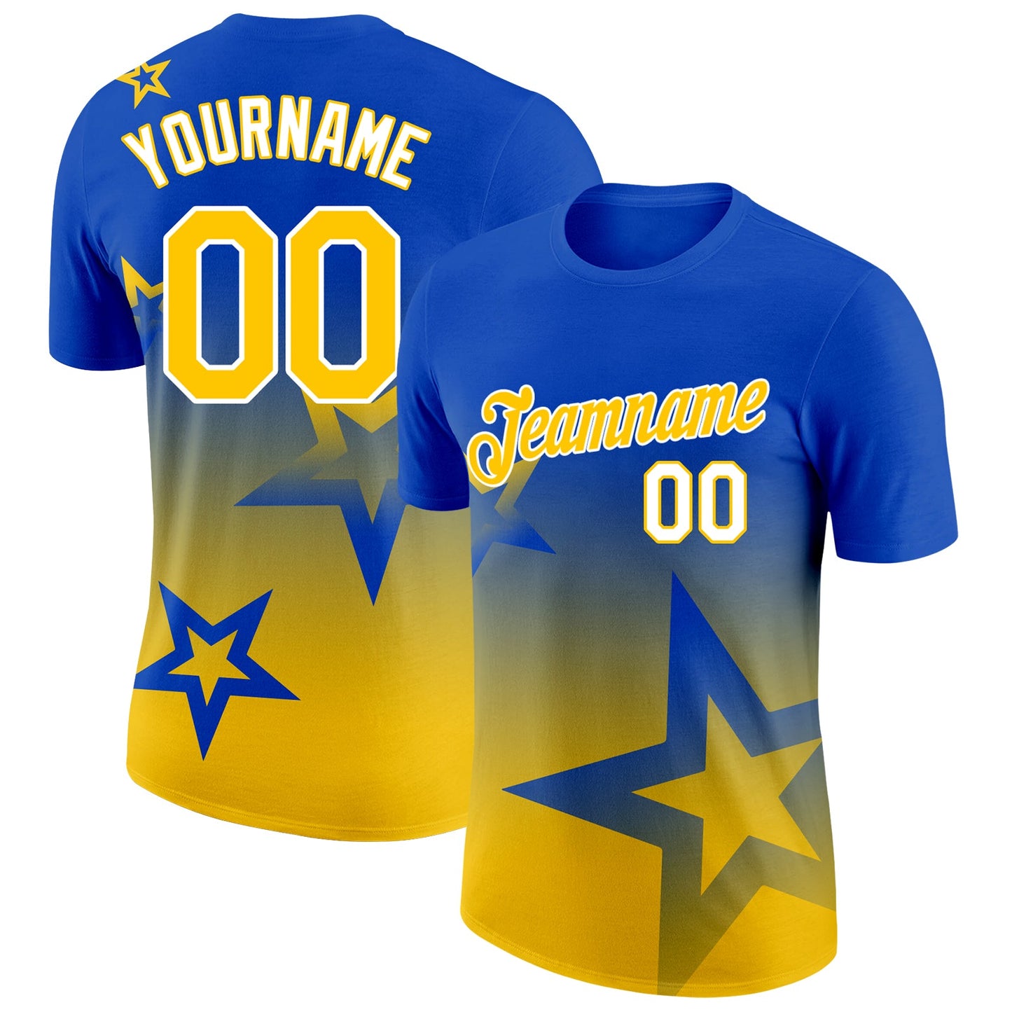 Custom Thunder Blue Yellow-White 3D Pattern Design Gradient Style Twinkle Star Performance T-Shirt - Main View