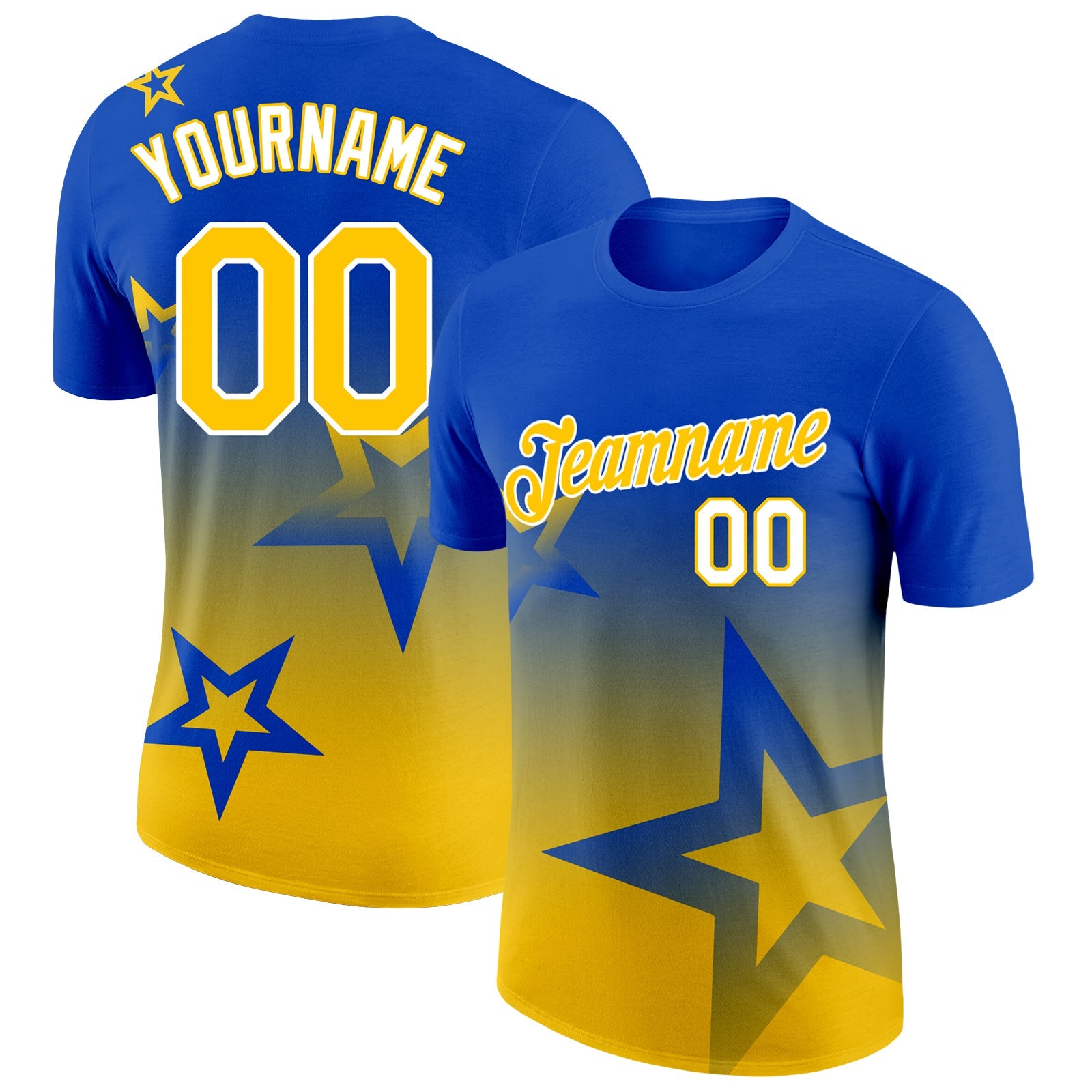 Custom Thunder Blue Yellow-White 3D Pattern Design Gradient Style Twinkle Star Performance T-Shirt - Main View