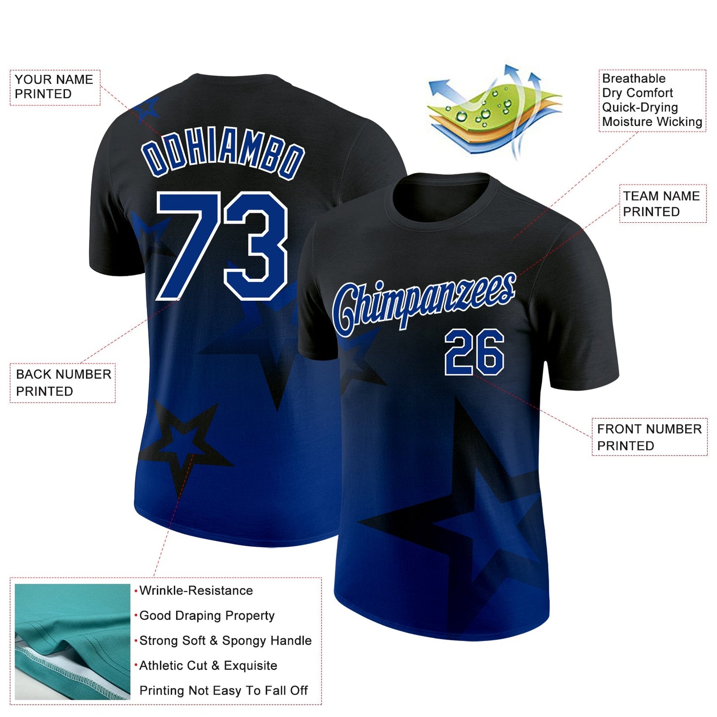 Custom Black Royal-White 3D Pattern Design Gradient Style Twinkle Star Performance T-Shirt view 2