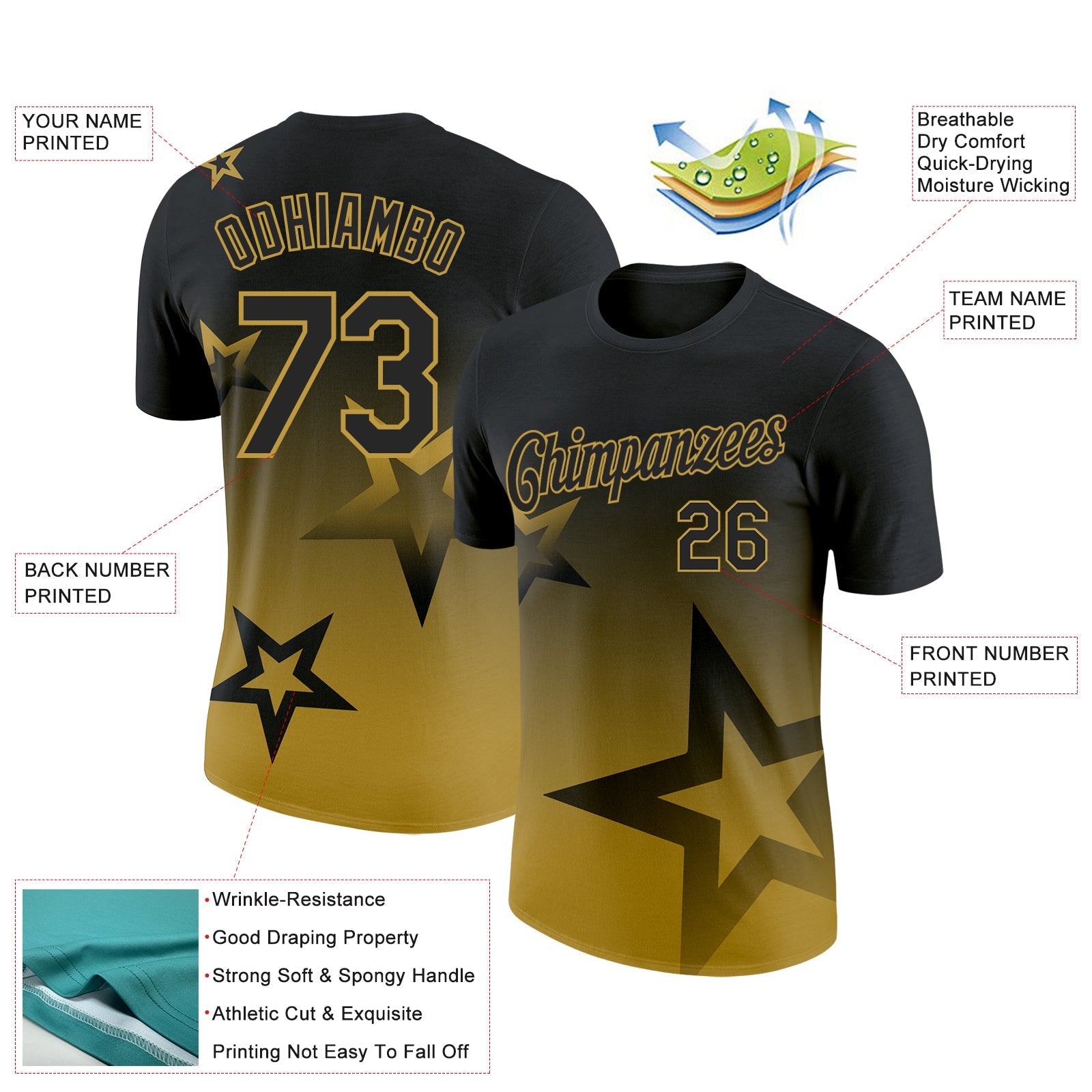 Custom Black Old Gold 3D Pattern Design Gradient Style Twinkle Star Performance T-Shirt view 2