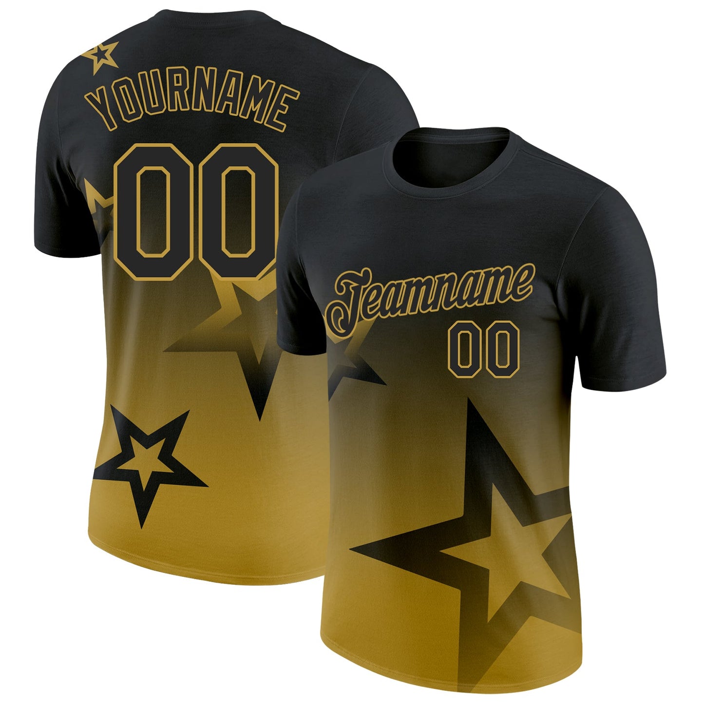Custom Black Old Gold 3D Pattern Design Gradient Style Twinkle Star Performance T-Shirt - Main View