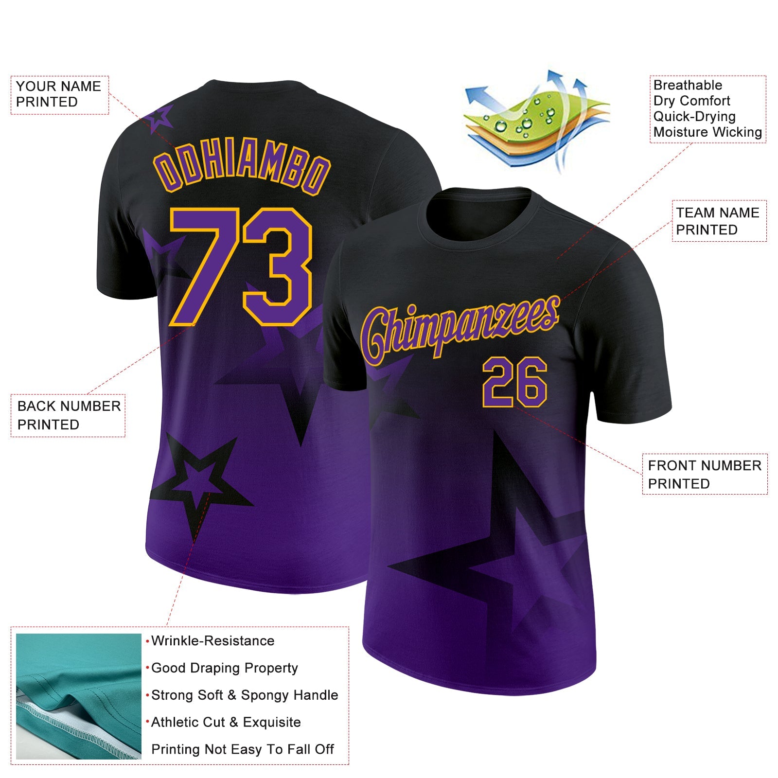 Custom Black Purple-Gold 3D Pattern Design Gradient Style Twinkle Star Performance T-Shirt view 2