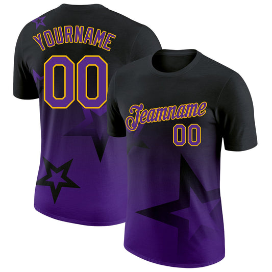 Custom Black Purple-Gold 3D Pattern Design Gradient Style Twinkle Star Performance T-Shirt - Main View