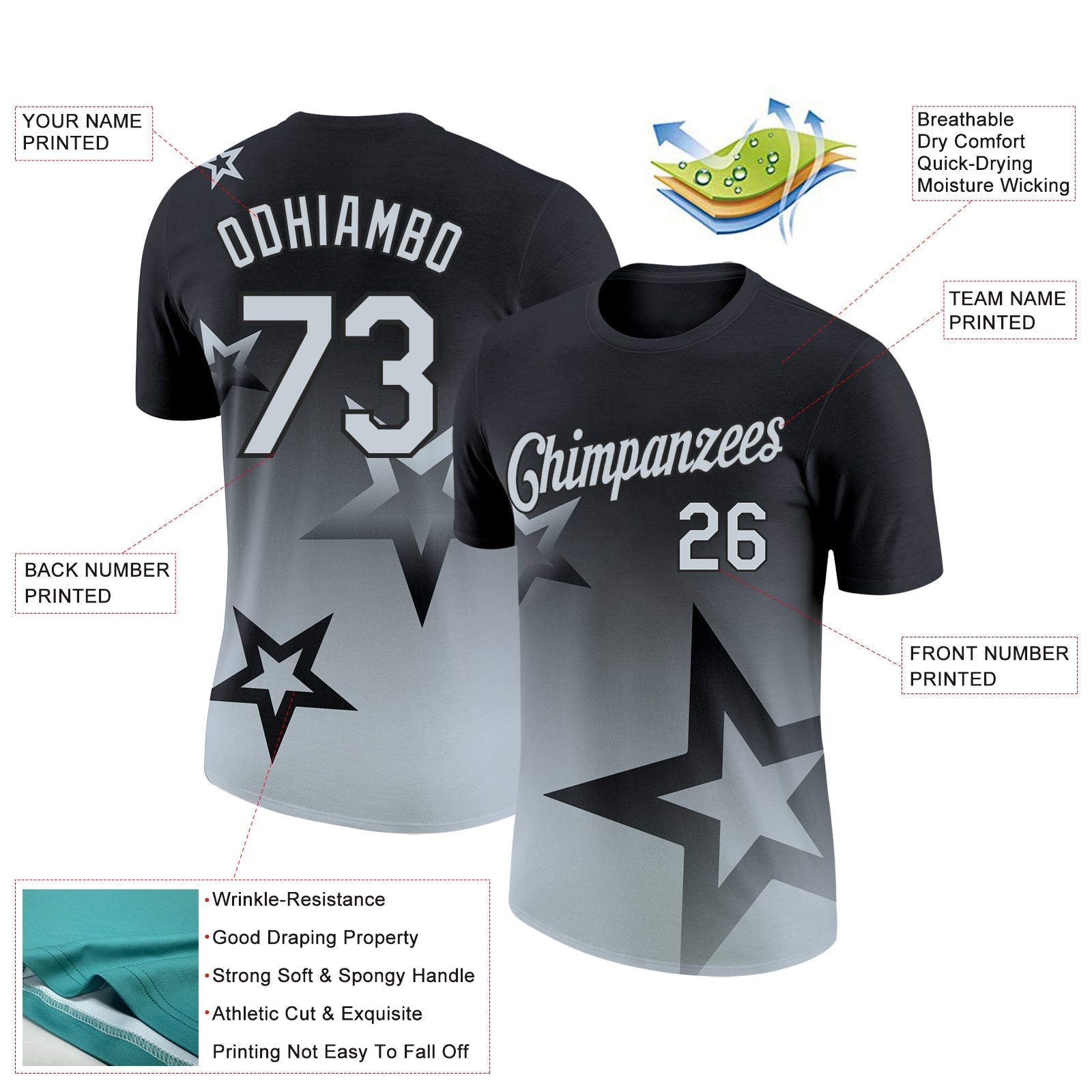 Custom Black Silver 3D Pattern Design Gradient Style Twinkle Star Performance T-Shirt view 2