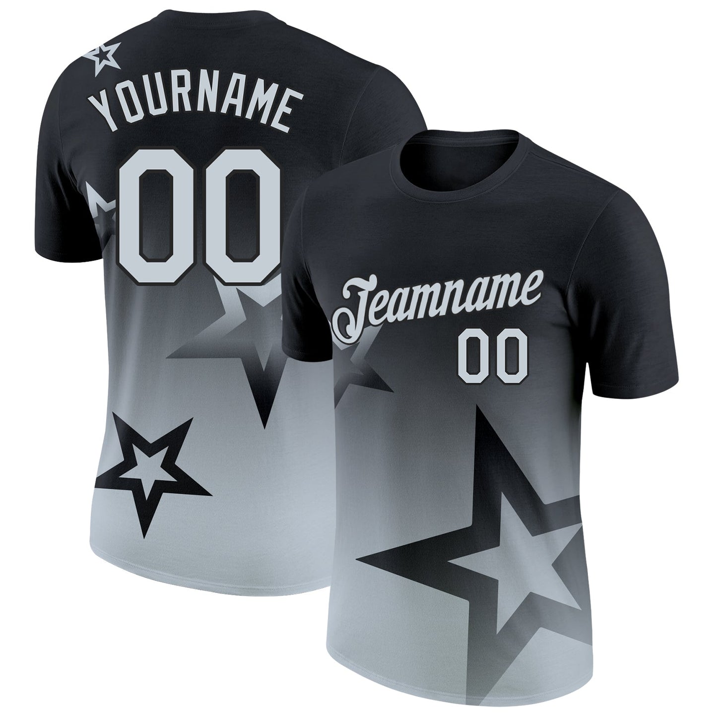 Custom Black Silver 3D Pattern Design Gradient Style Twinkle Star Performance T-Shirt - Main View
