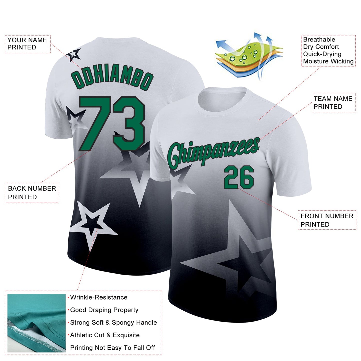 Custom White Kelly Green-Black 3D Pattern Design Gradient Style Twinkle Star Performance T-Shirt view 2