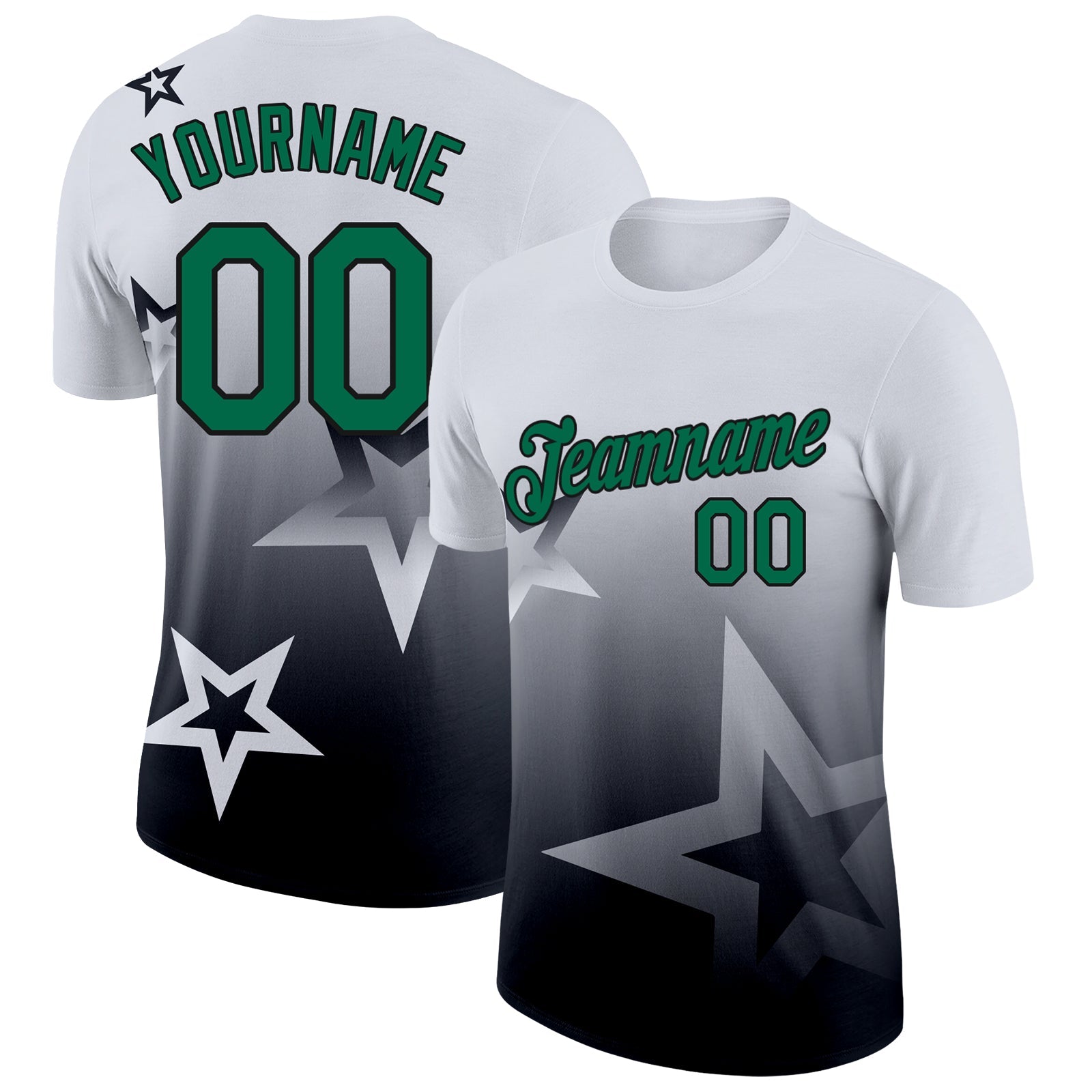 Custom White Kelly Green-Black 3D Pattern Design Gradient Style Twinkle Star Performance T-Shirt - Main View