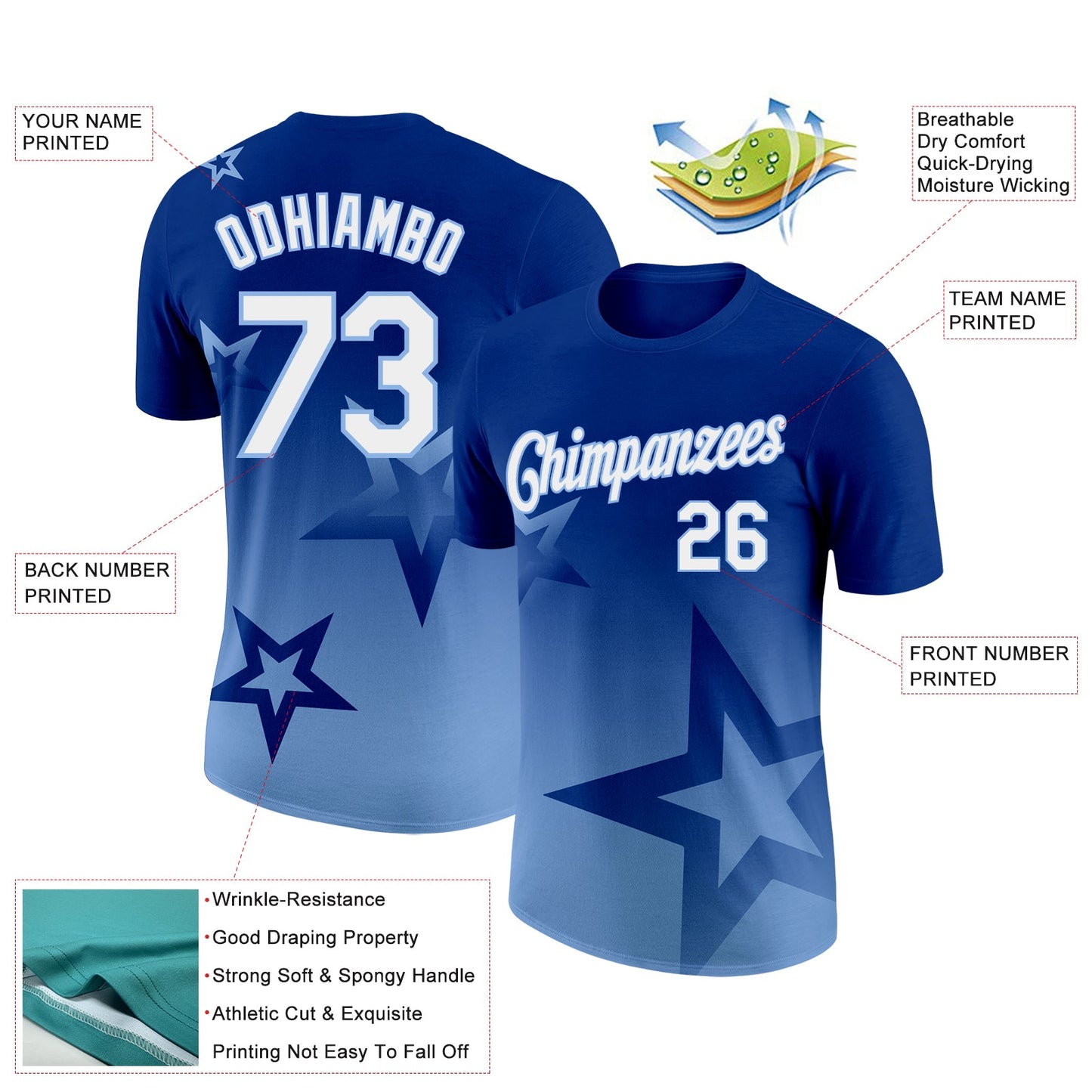Custom Royal White-Light Blue 3D Pattern Design Gradient Style Twinkle Star Performance T-Shirt view 2