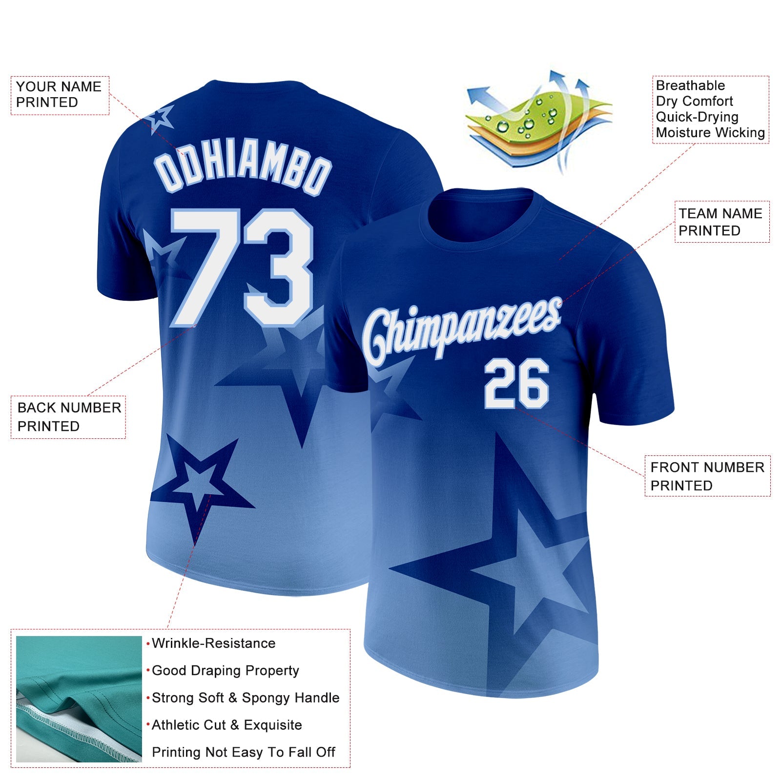 Custom Royal White-Light Blue 3D Pattern Design Gradient Style Twinkle Star Performance T-Shirt view 2