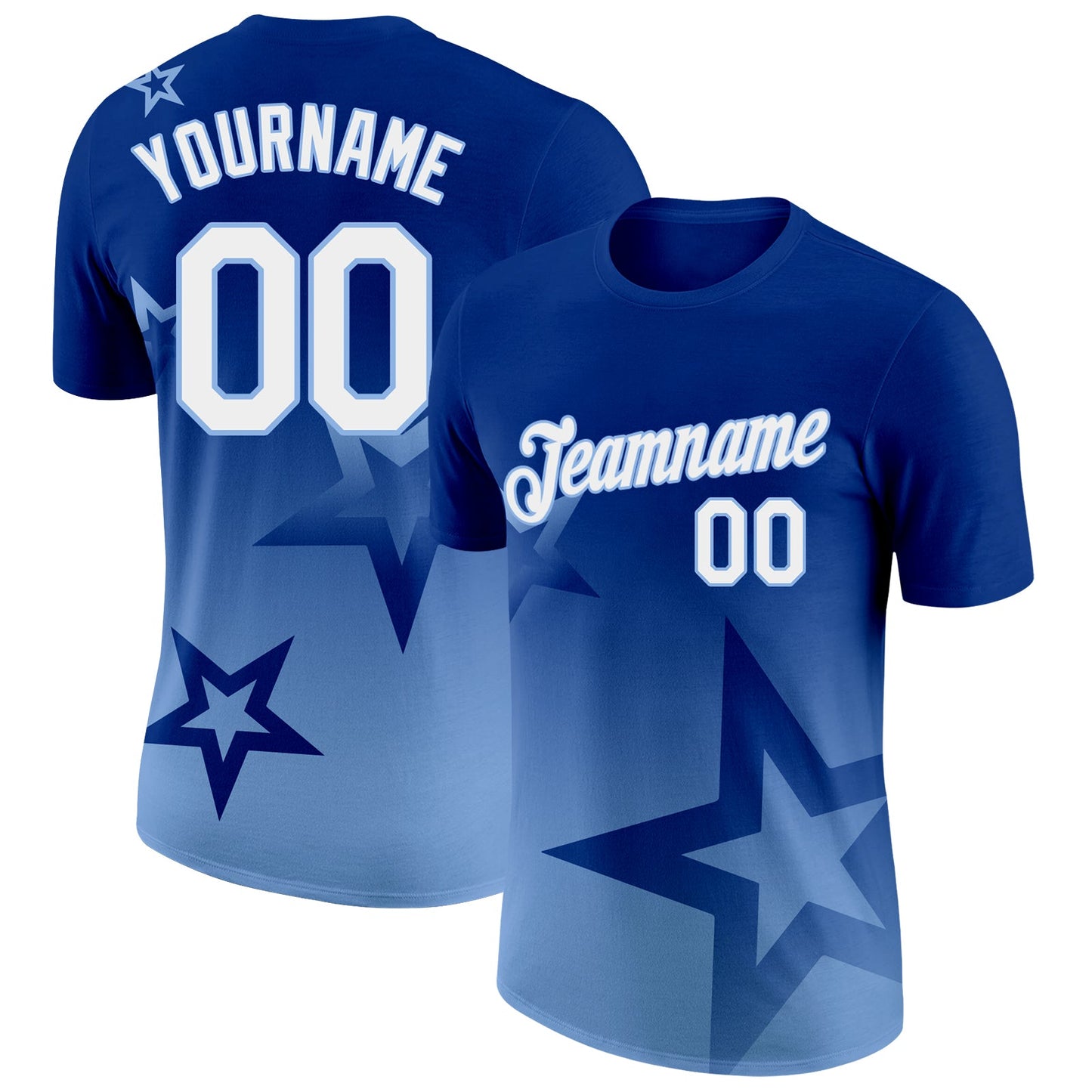 Custom Royal White-Light Blue 3D Pattern Design Gradient Style Twinkle Star Performance T-Shirt - Main View