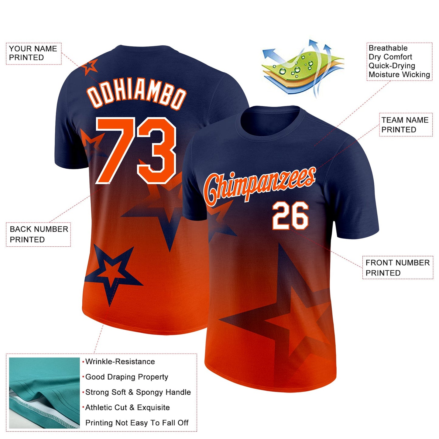 Custom Navy Orange-White 3D Pattern Design Gradient Style Twinkle Star Performance T-Shirt view 2