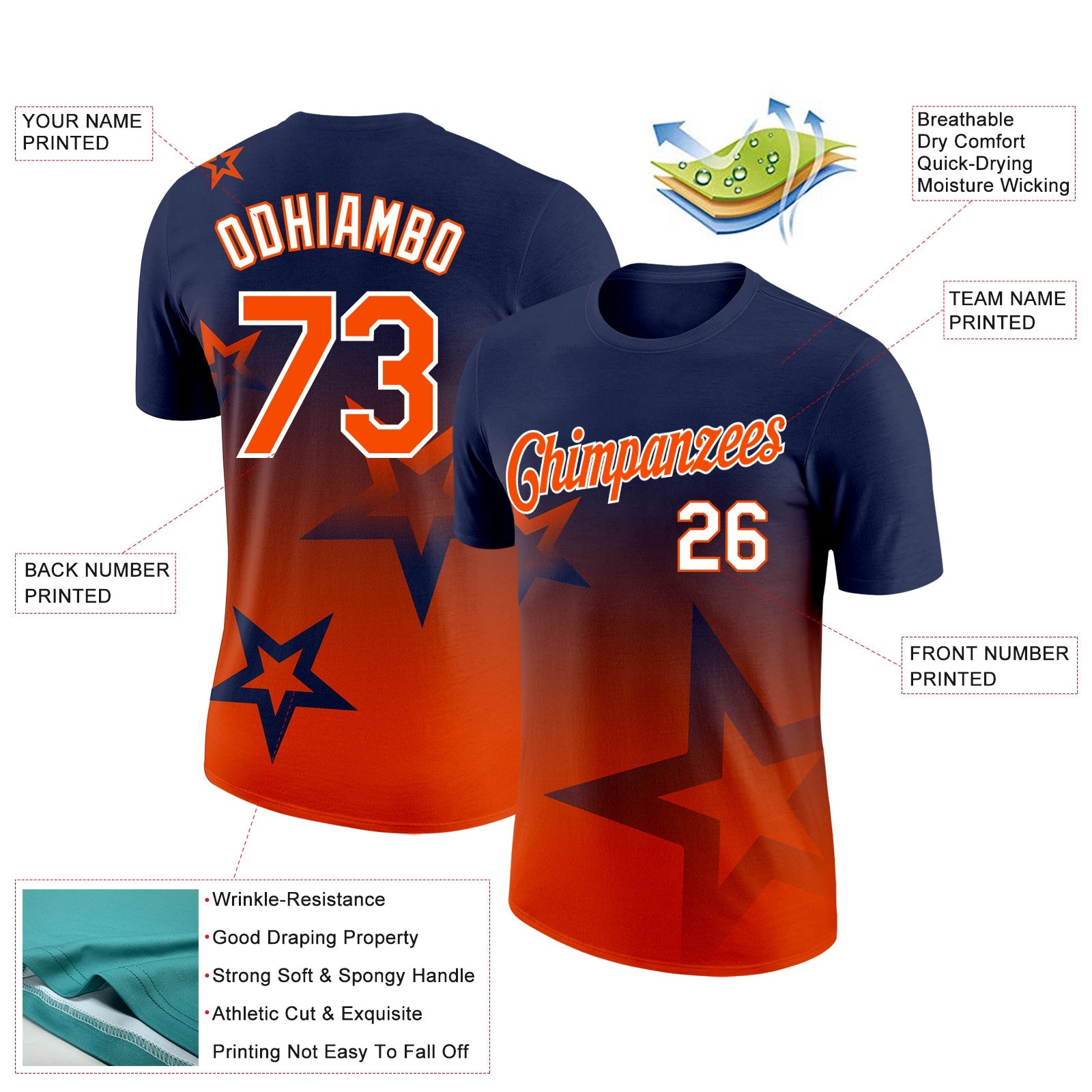 Custom Navy Orange-White 3D Pattern Design Gradient Style Twinkle Star Performance T-Shirt view 2