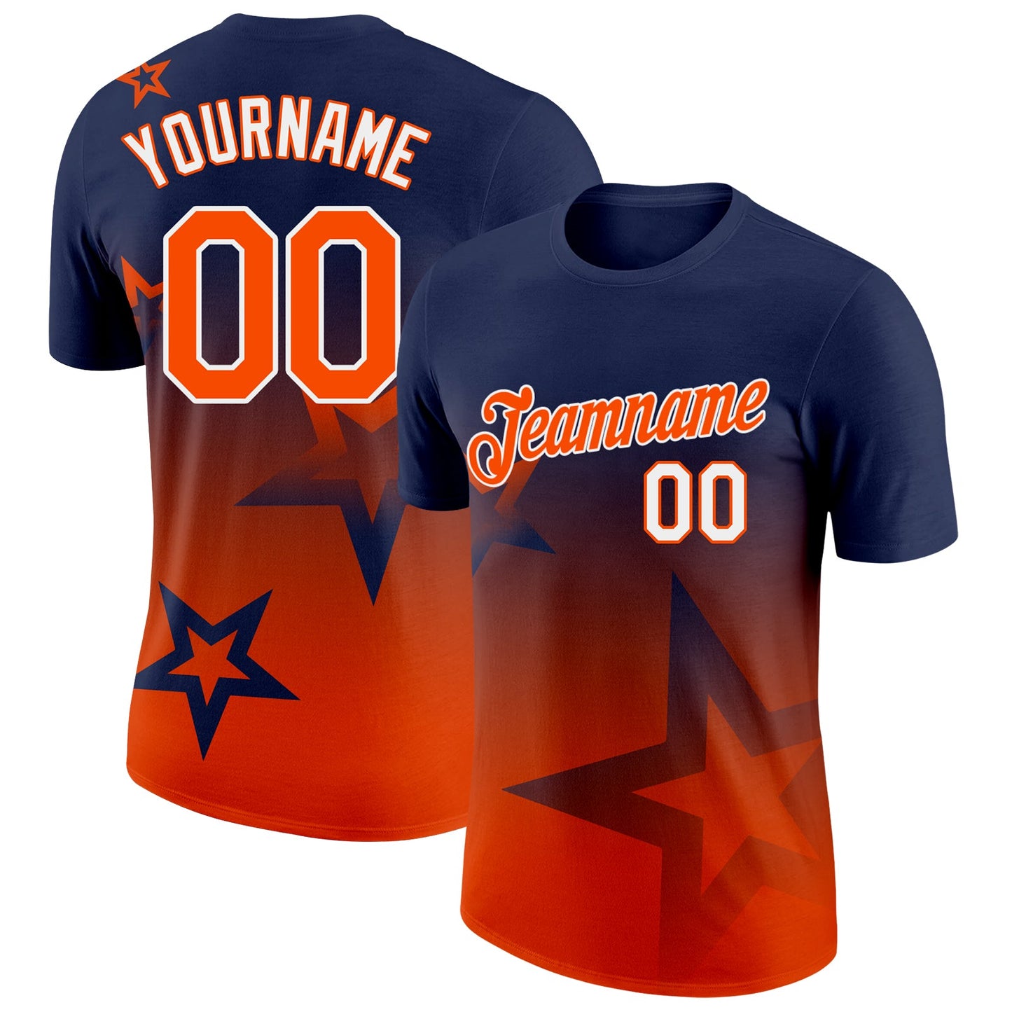 Custom Navy Orange-White 3D Pattern Design Gradient Style Twinkle Star Performance T-Shirt - Main View