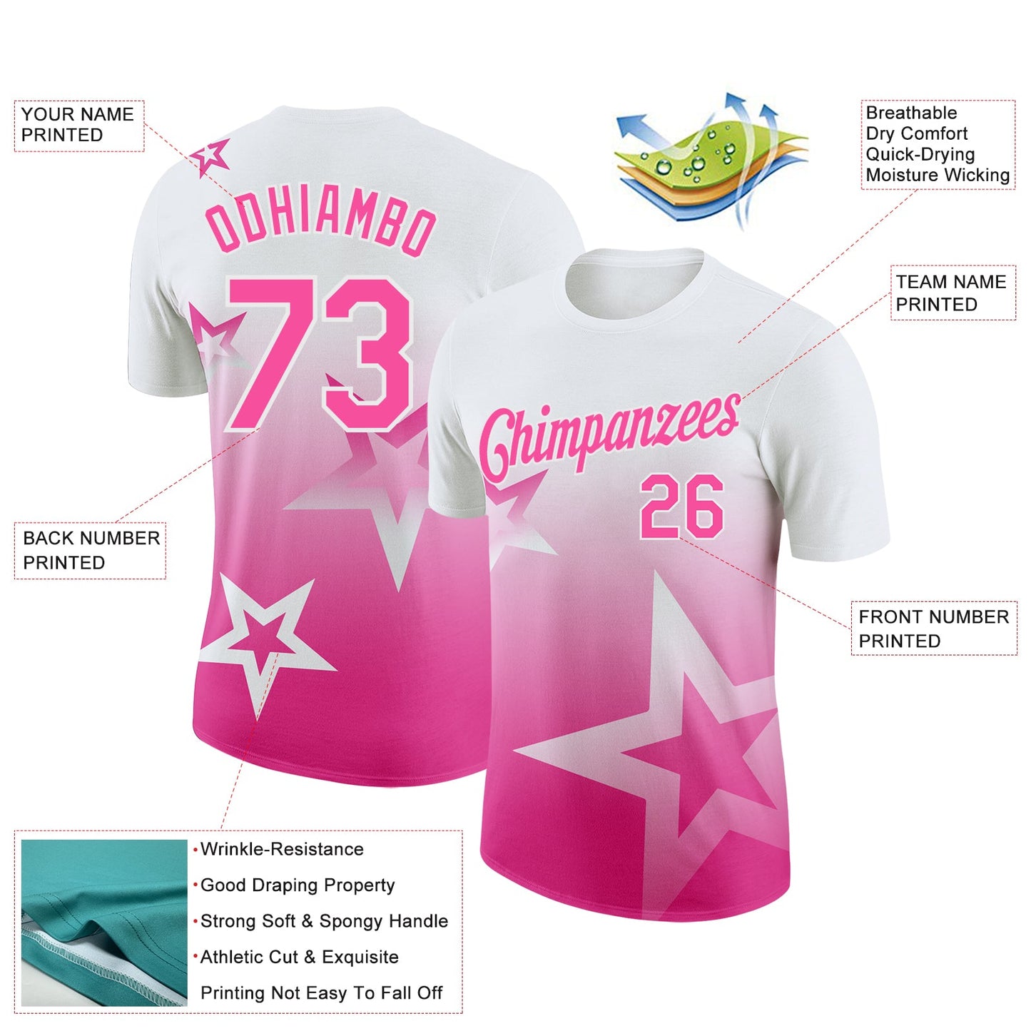 Custom White Pink 3D Pattern Design Gradient Style Twinkle Star Performance T-Shirt view 2