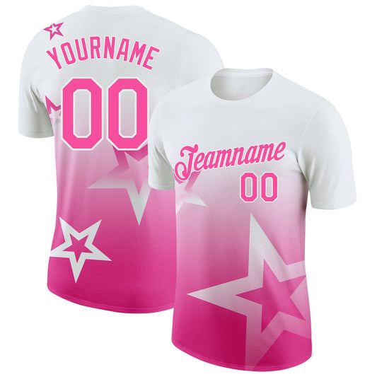 Custom White Pink 3D Pattern Design Gradient Style Twinkle Star Performance T-Shirt - Main View